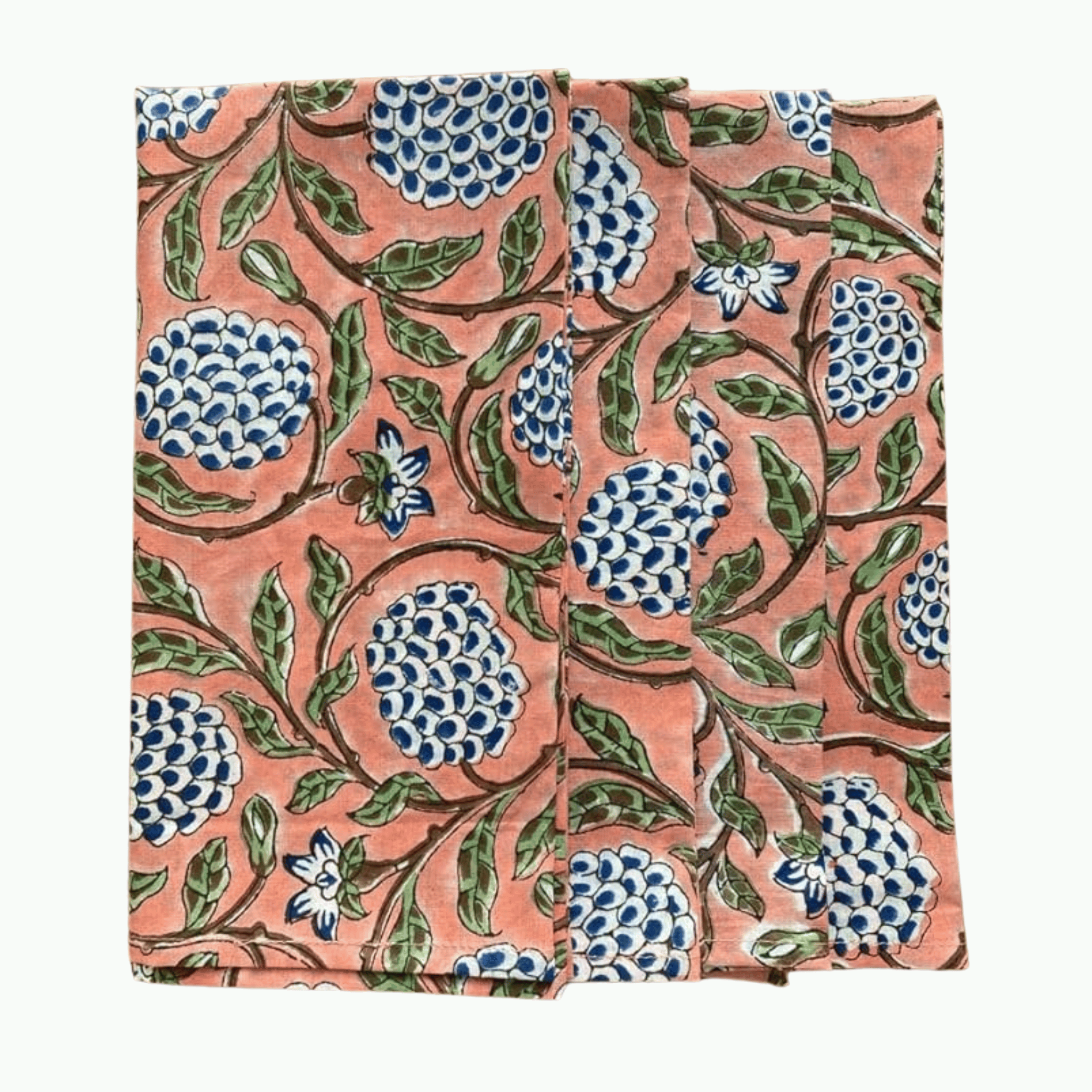 Fabric with blue floral and green leaf pattern on a pink background