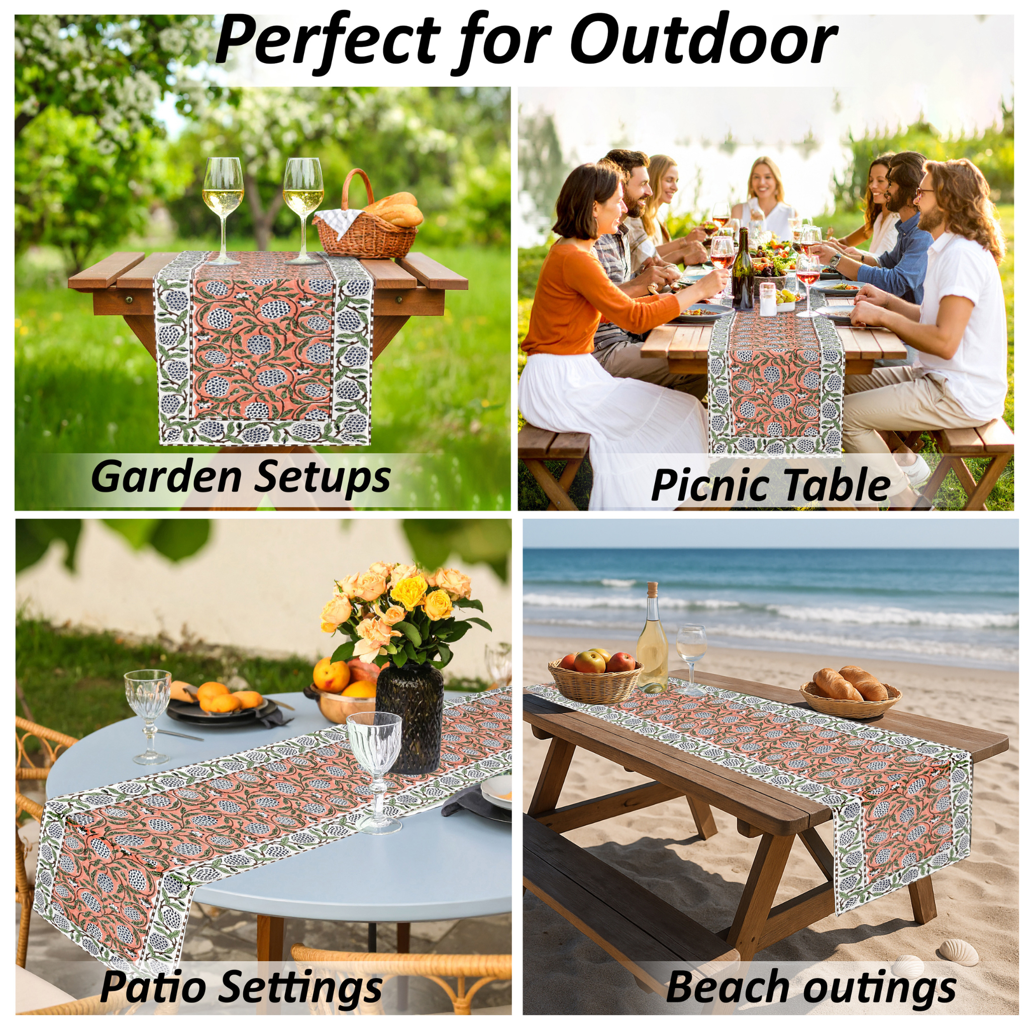 Table runner used in various outdoor settings including garden, picnic table, patio, and beach.