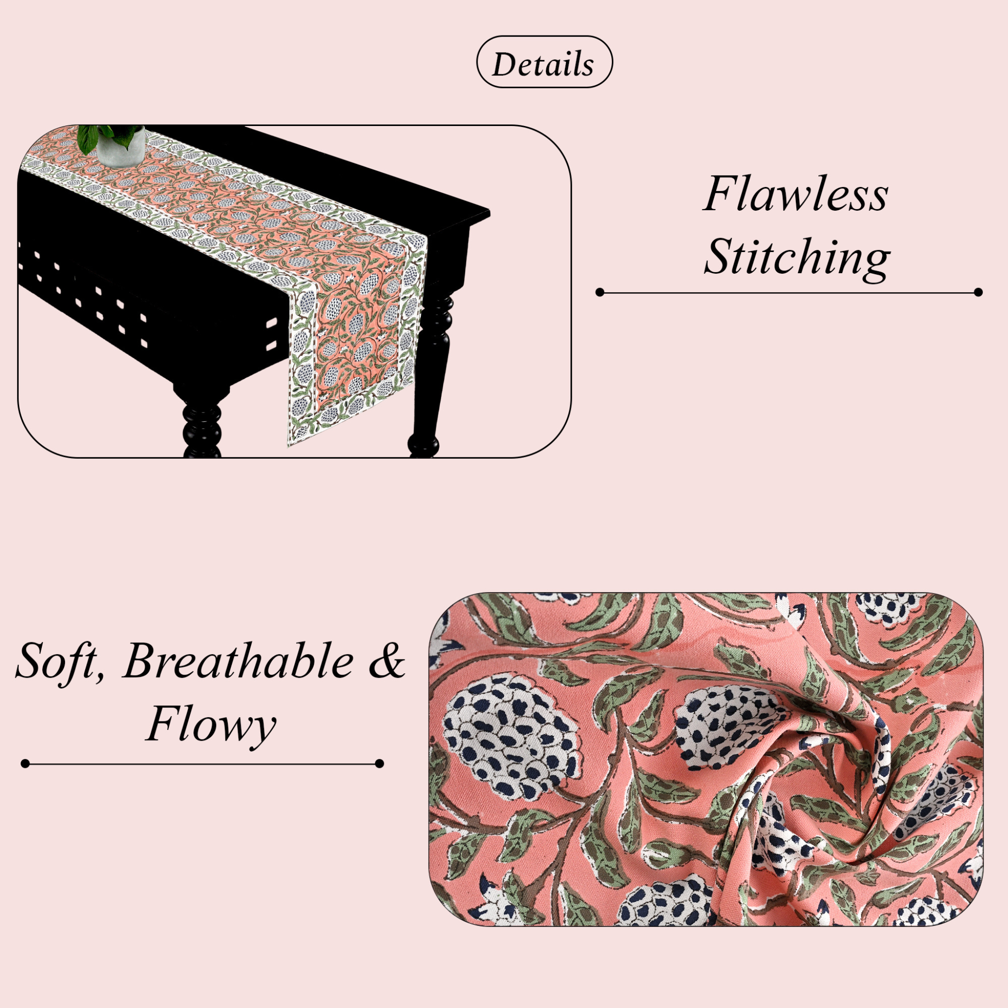 Table runner with floral design and text highlighting features on a pink background