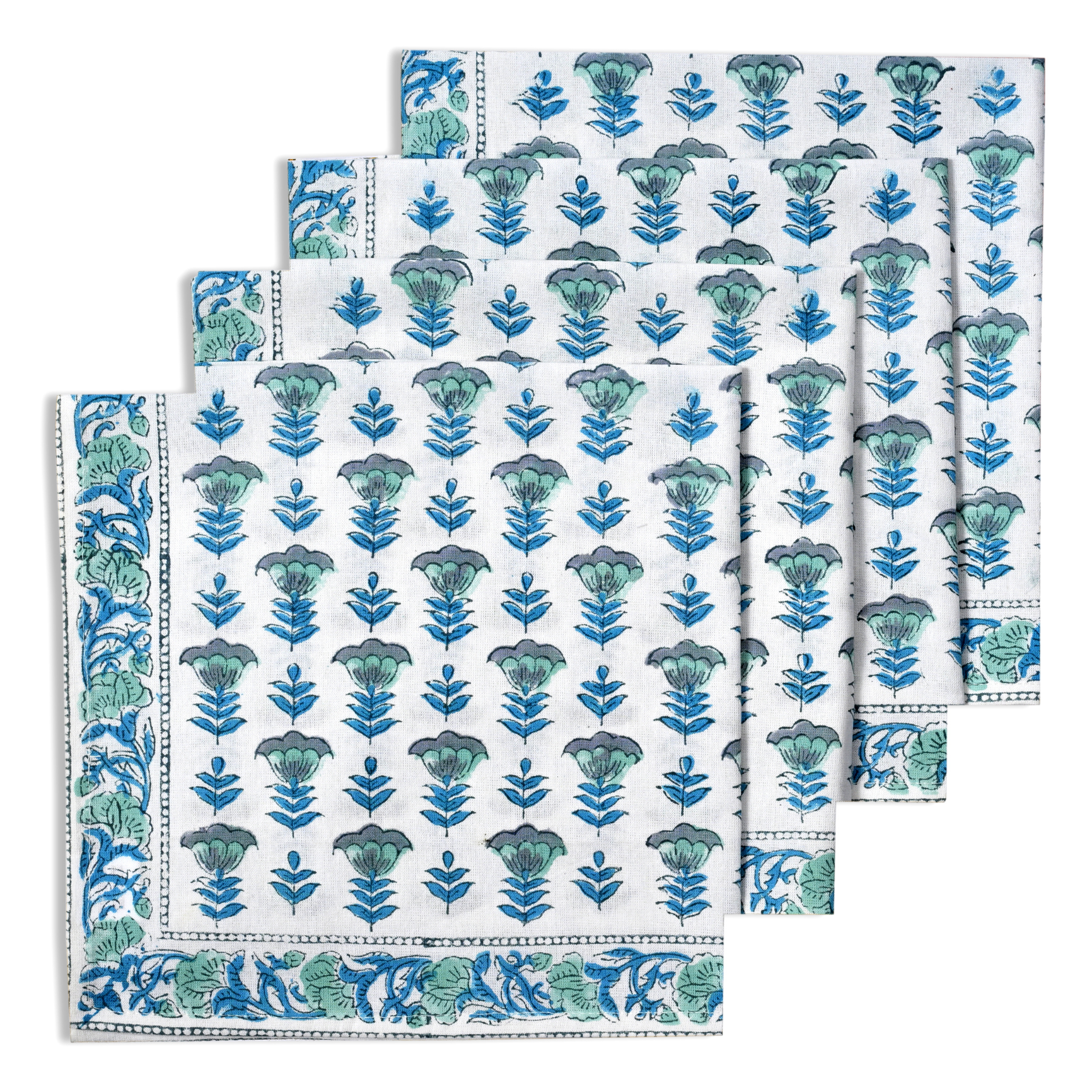 Set of folded towels with blue floral pattern on a white background