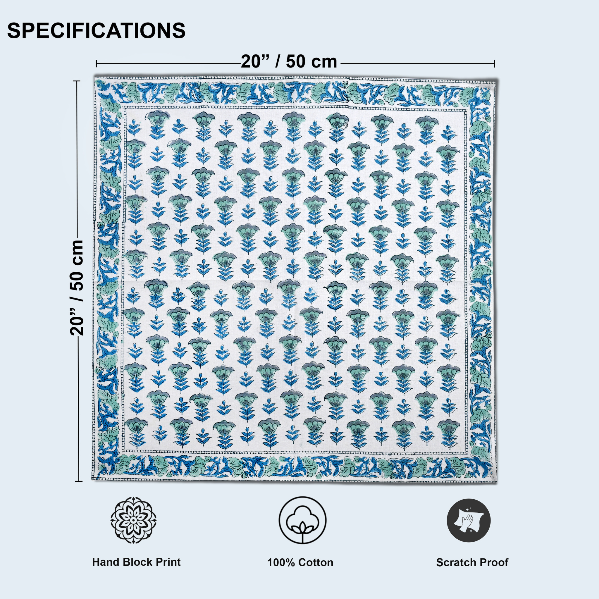 Patterned fabric with dimensions and certification icons on a light blue background