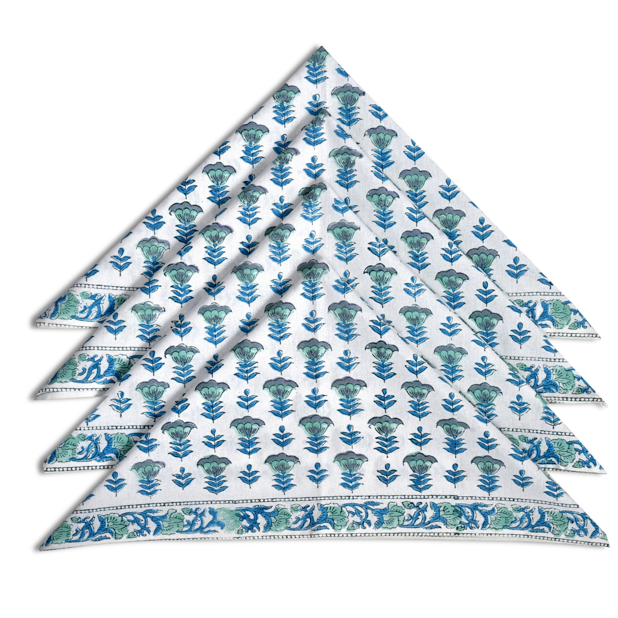 Set of folded fabric with blue floral pattern on a white background
