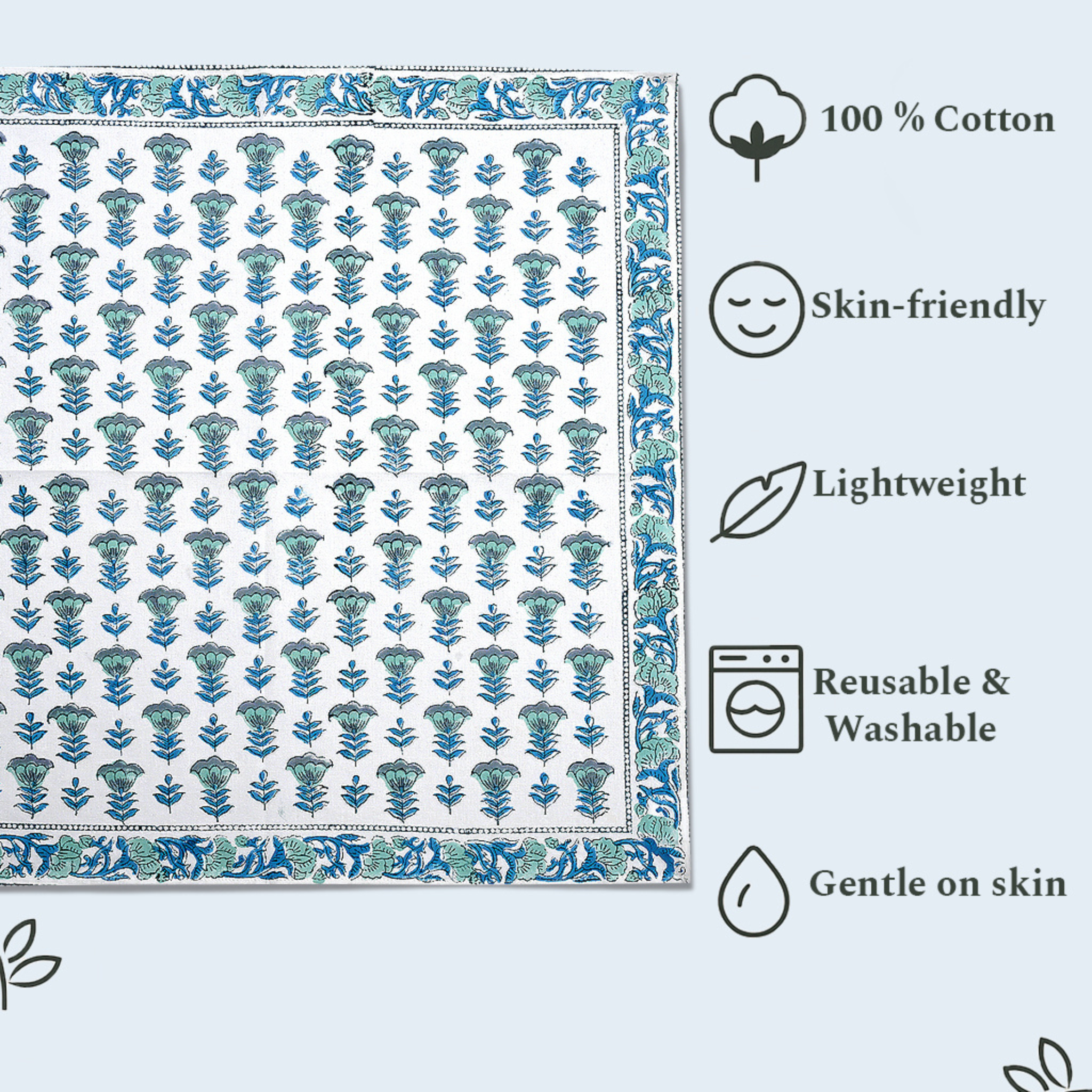 Cotton fabric with blue floral pattern and product features on a light blue background
