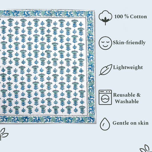 Cotton fabric with blue floral pattern and product features on a light blue background