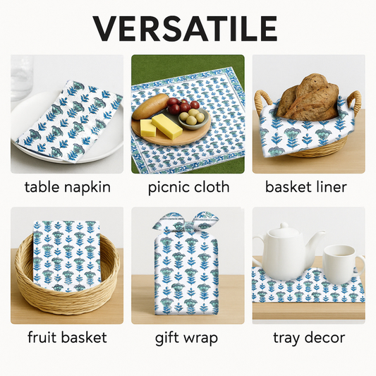 Versatile tableware products including a table napkin, picnic cloth, basket liner, fruit basket, gift wrap, and tray decor with blue leaf pattern.