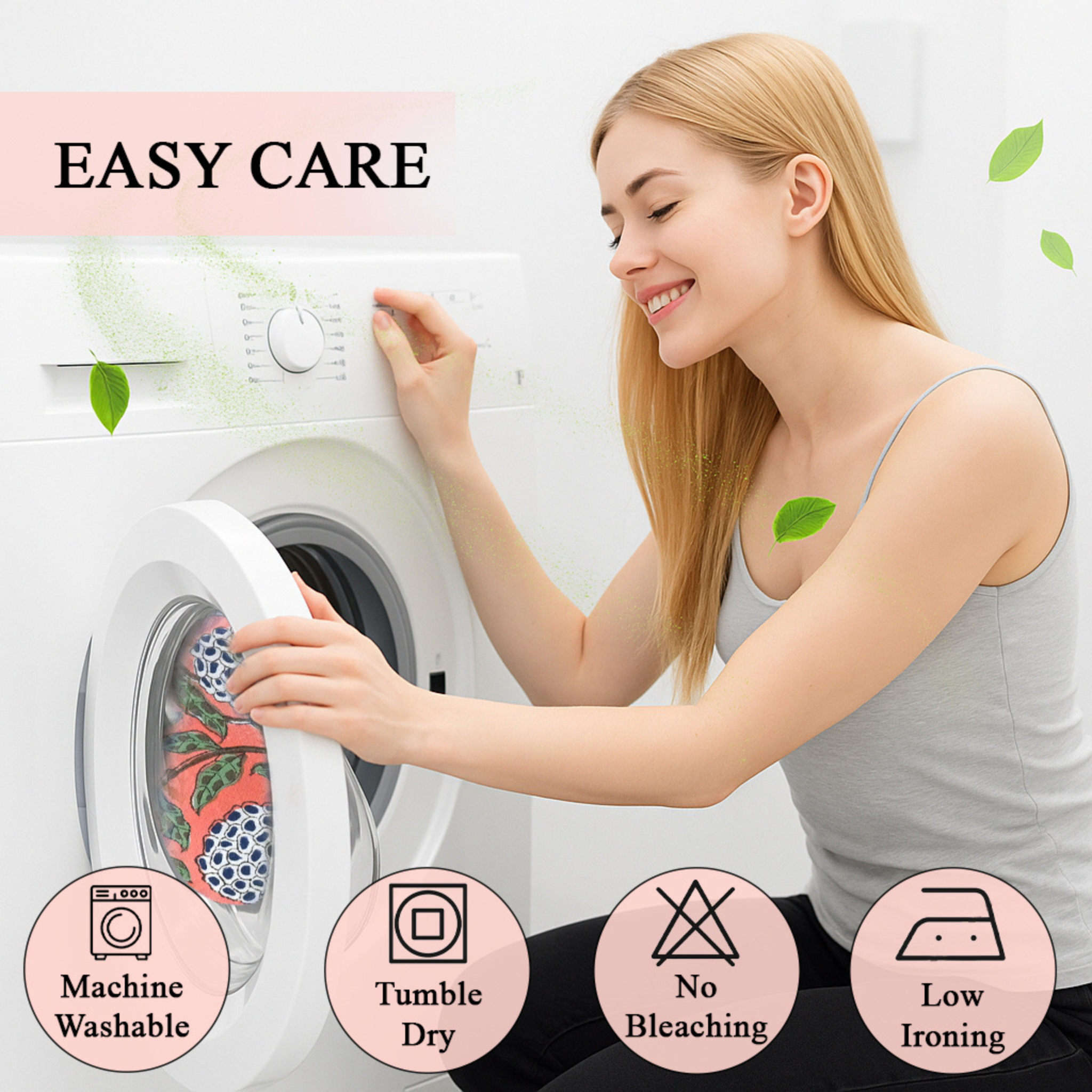 Woman interacting with a washing machine with icons and text indicating care instructions.