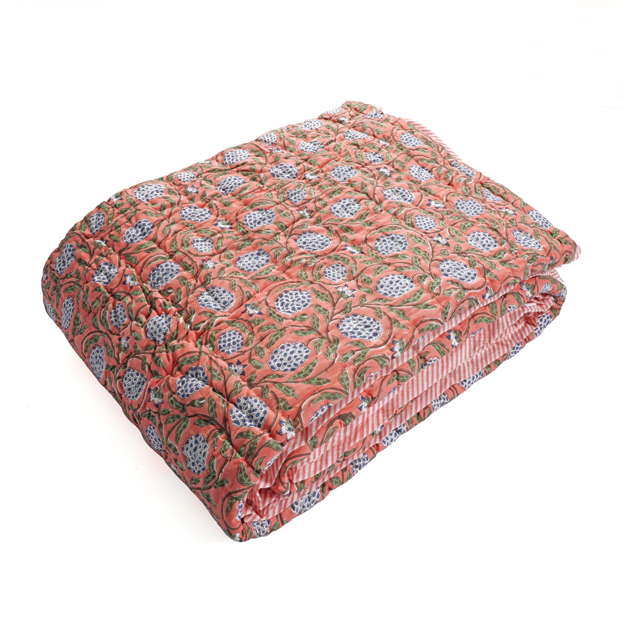Floral patterned quilt on a white background