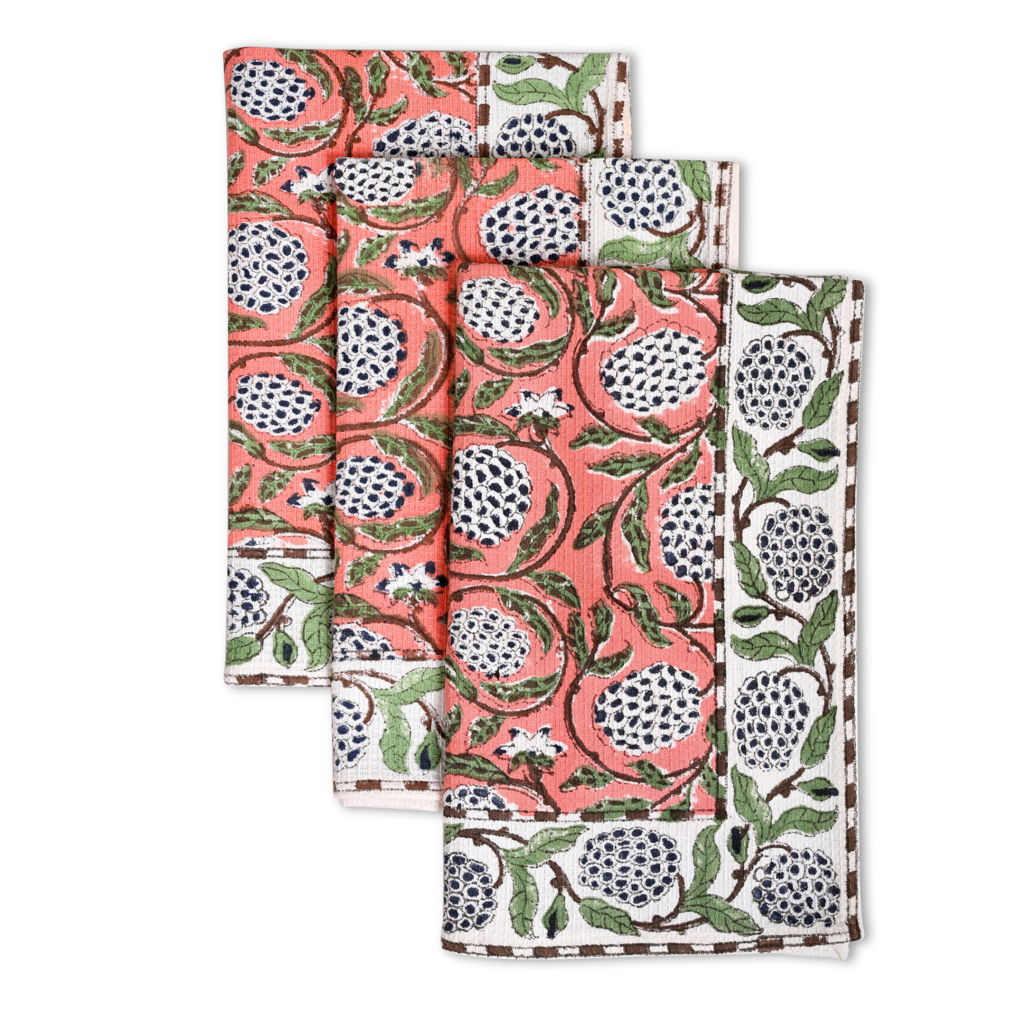 Set of four kitchen towels with pomegranate pattern on a white background