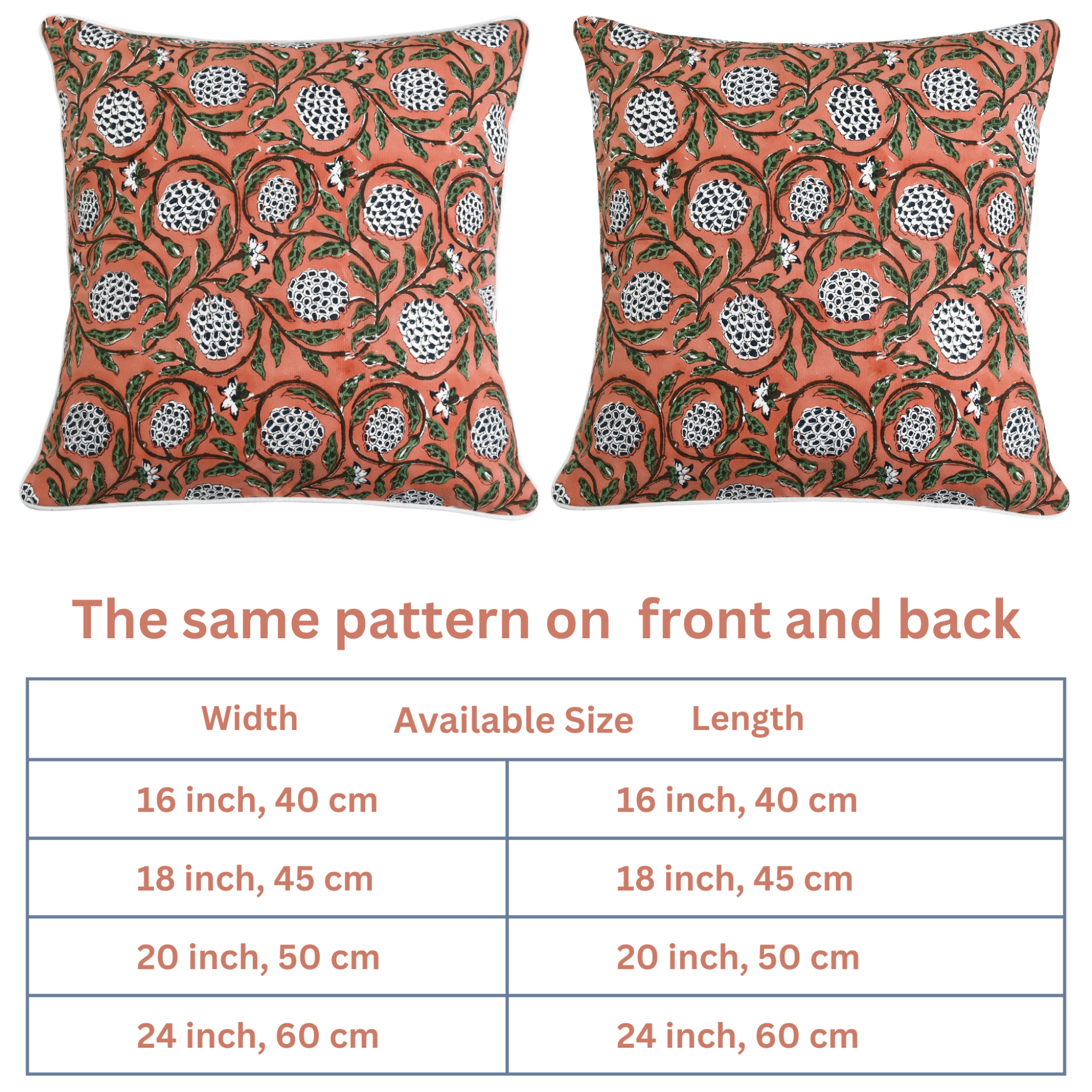 Two patterned pillows with a table displaying size options on a white background