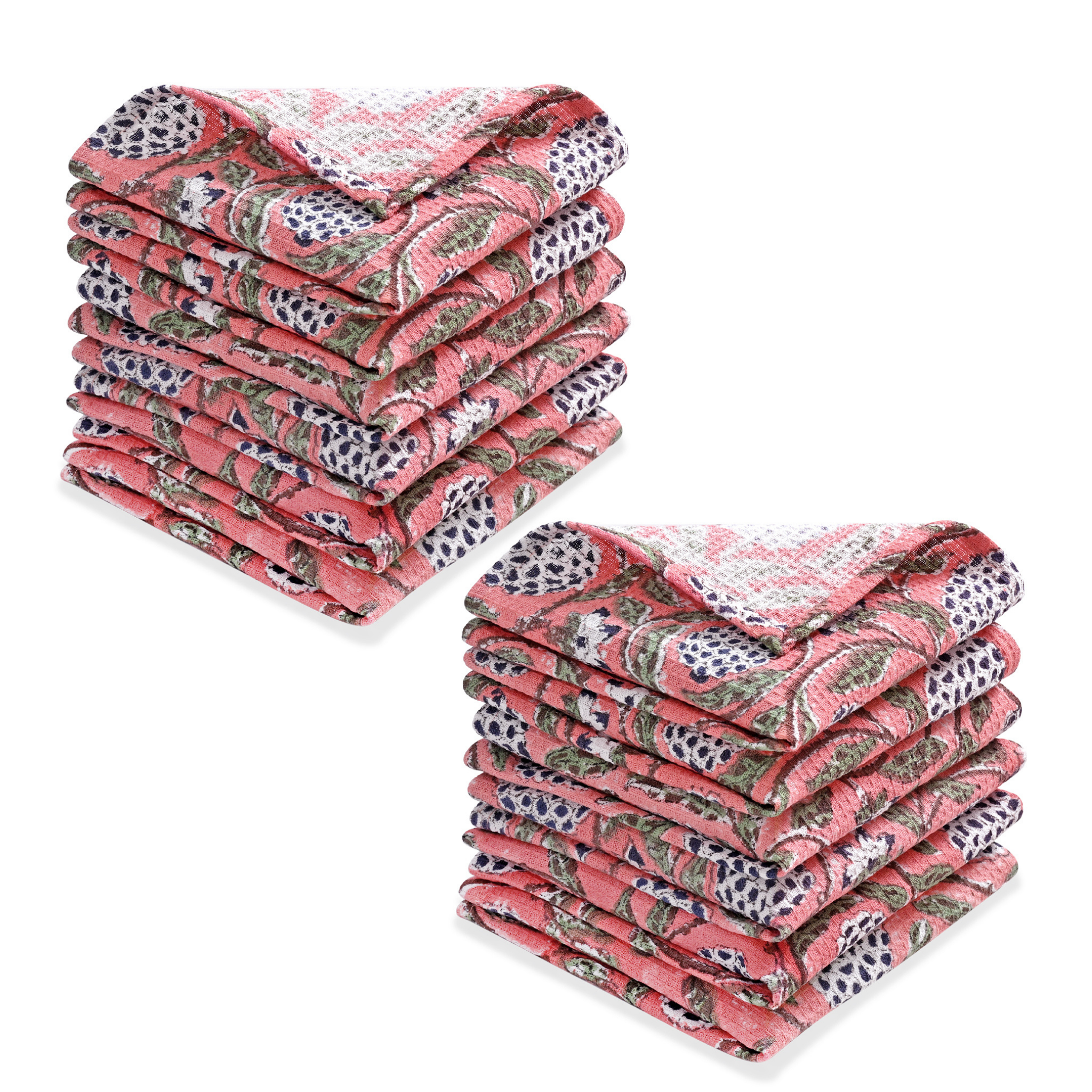 Stack of pink floral patterned towels on a white background