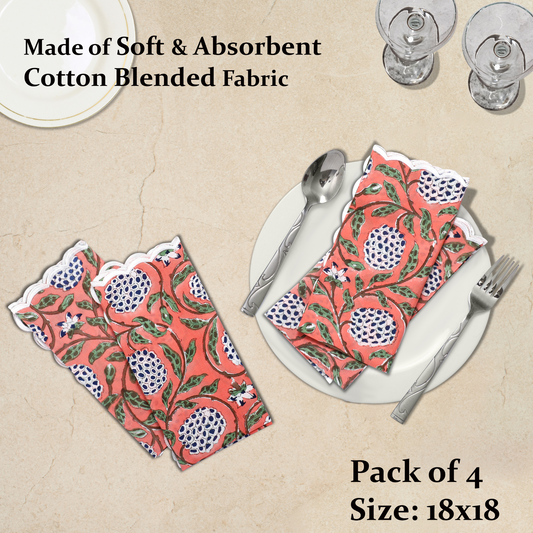 Pack of 4 patterned napkins on a table setting with cutlery, on a beige background.