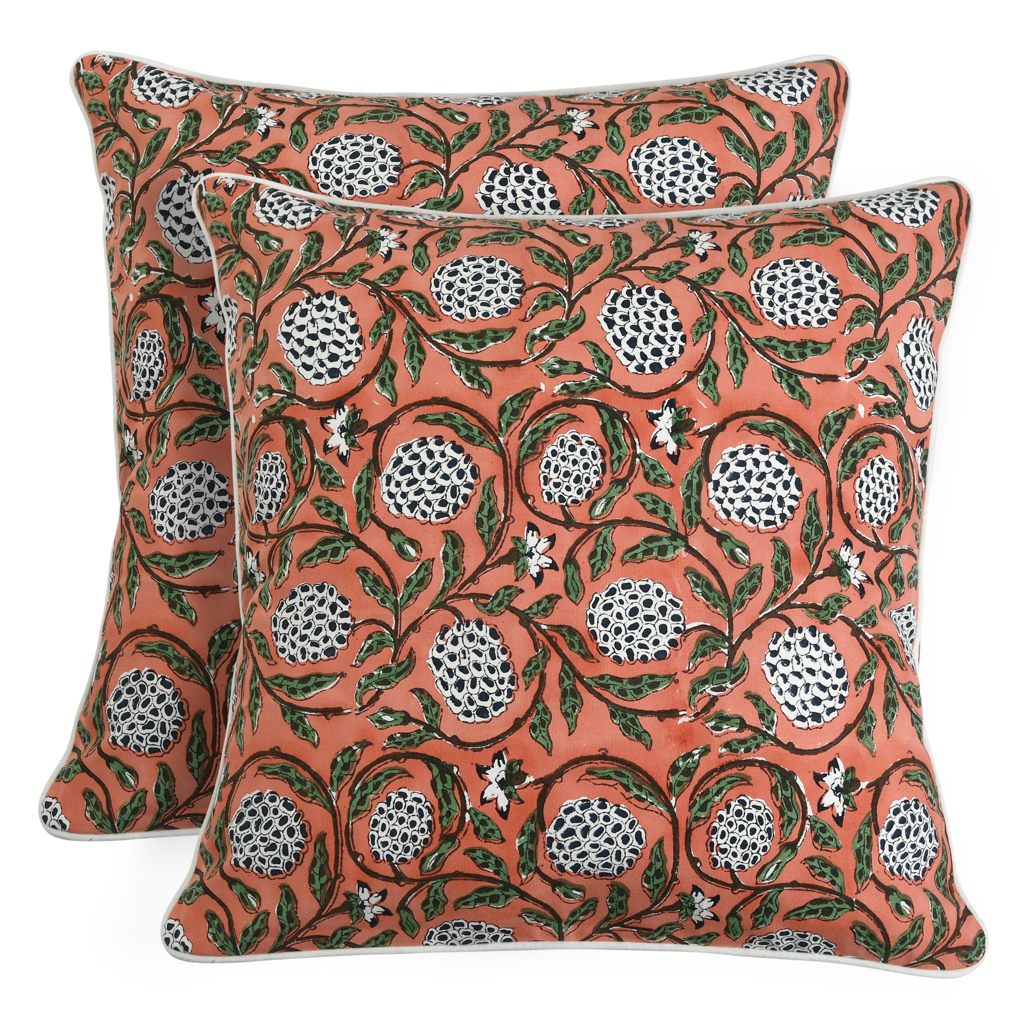 Two decorative pillows with a floral pattern on a white background