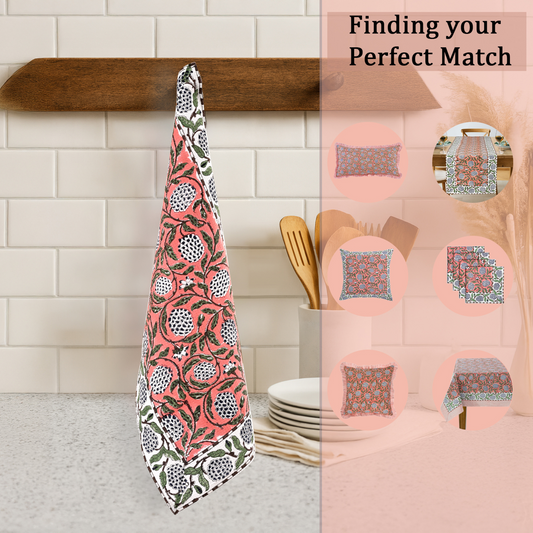 Patterned towel hanging on a wooden rack with kitchen items in the background