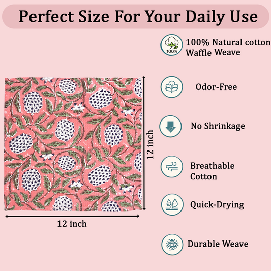 Product description with pink fabric featuring pomegranate pattern and text about fabric properties on a pink background