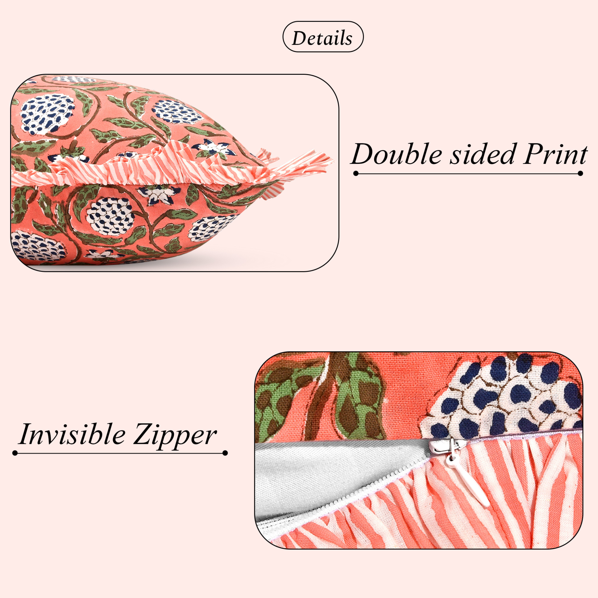 Close-up of cotton pillow cover showing double-sided print and invisible zipper.