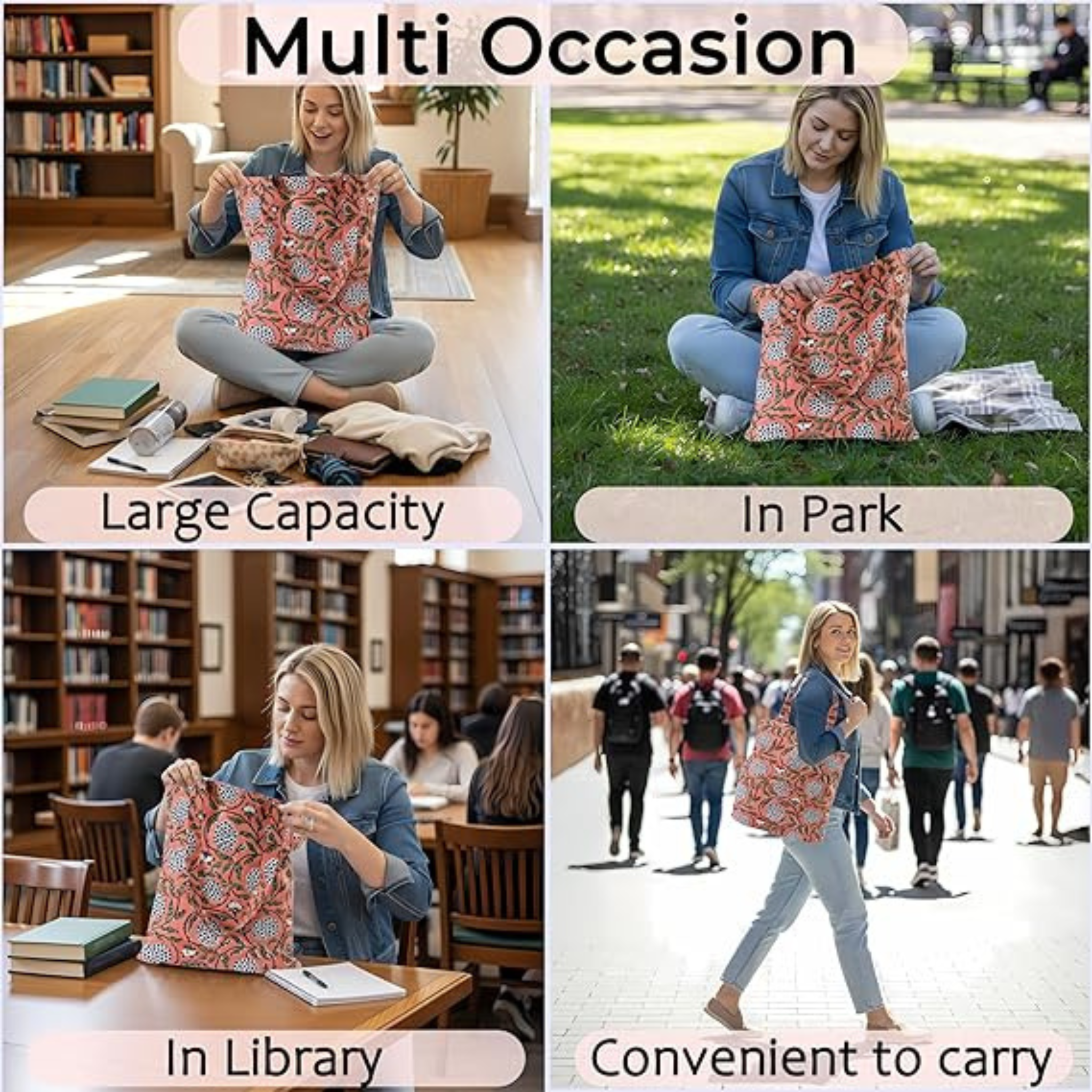 Woman holding a floral bag in various settings: library, park, and indoors.