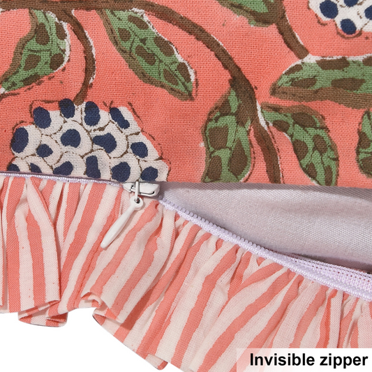 Close-up of a fabric pouch with a floral pattern and an invisible zipper.
