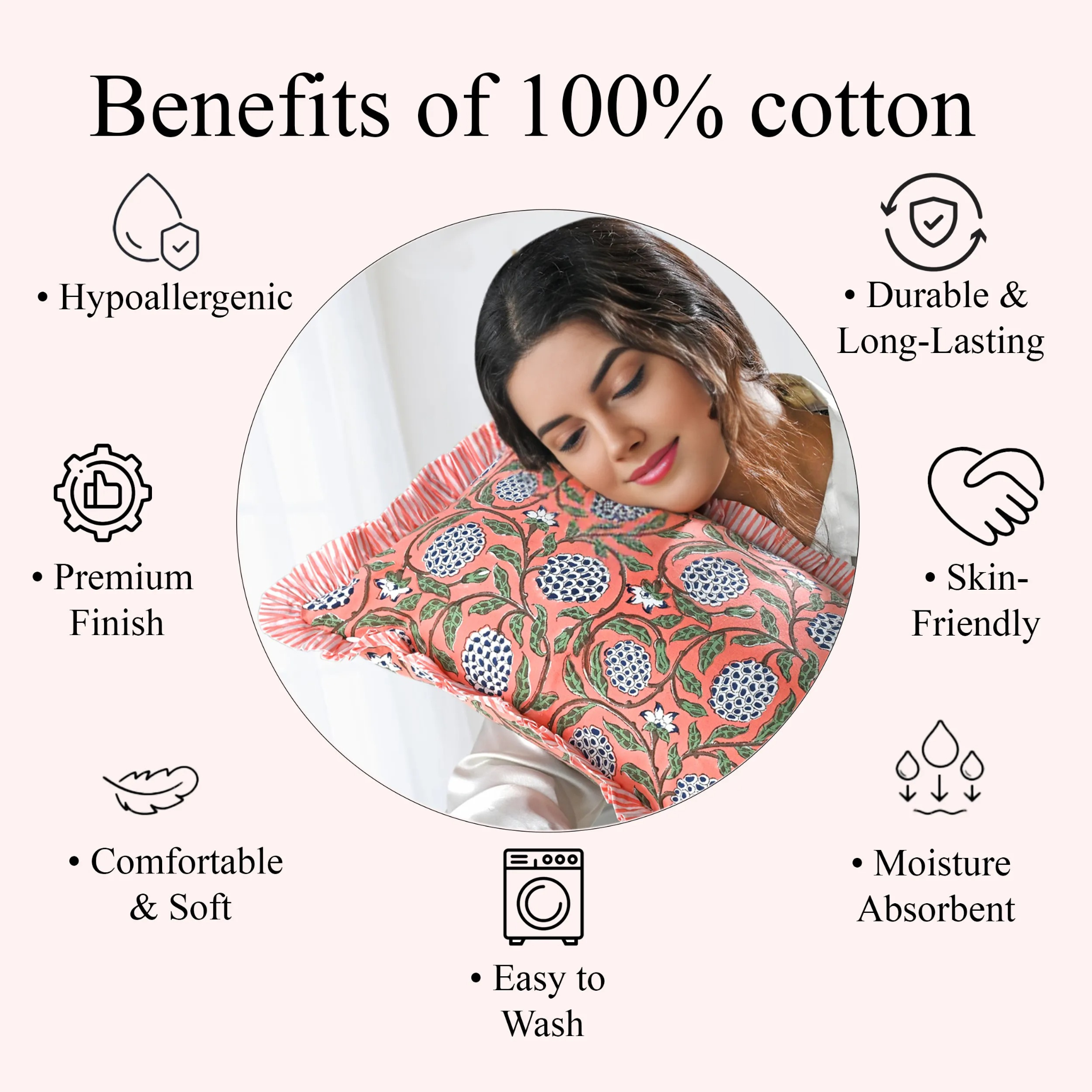 Woman lying on a floral pillow with text listing benefits of 100% cotton.