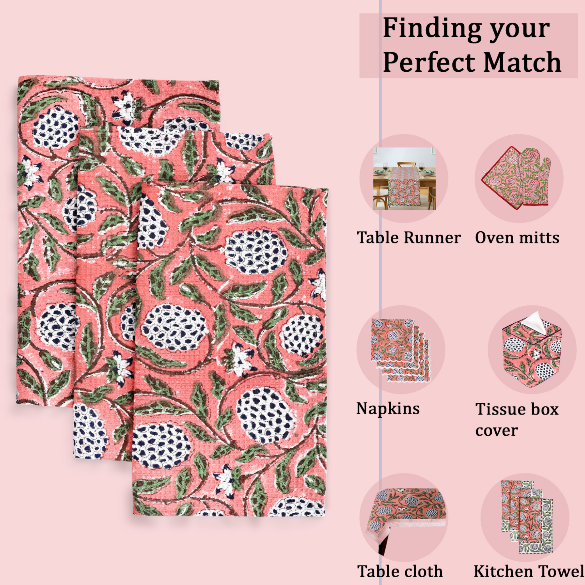 Set of pink patterned table runner, oven mitts, napkins, tissue box cover, tablecloth, and kitchen towel on a pink background with product suggestions.