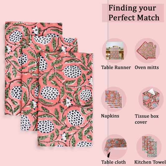 Set of pink patterned table runner, oven mitts, napkins, tissue box cover, tablecloth, and kitchen towel on a pink background with product suggestions.