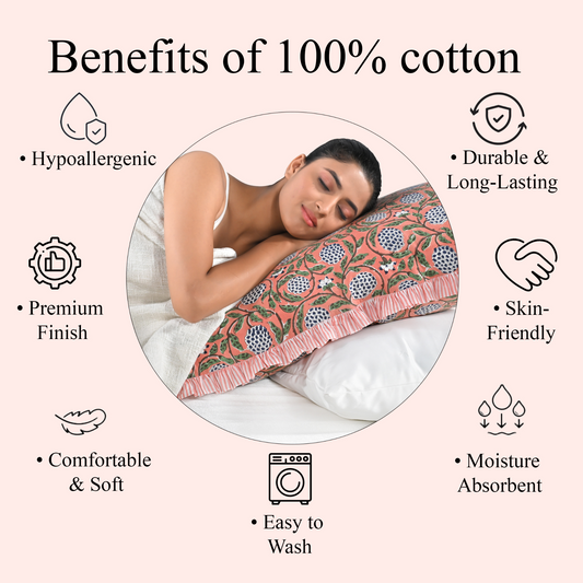 Benefits of 100% cotton pillow cover: breathable, soft, hypoallergenic, skin-friendly, easy to wash.