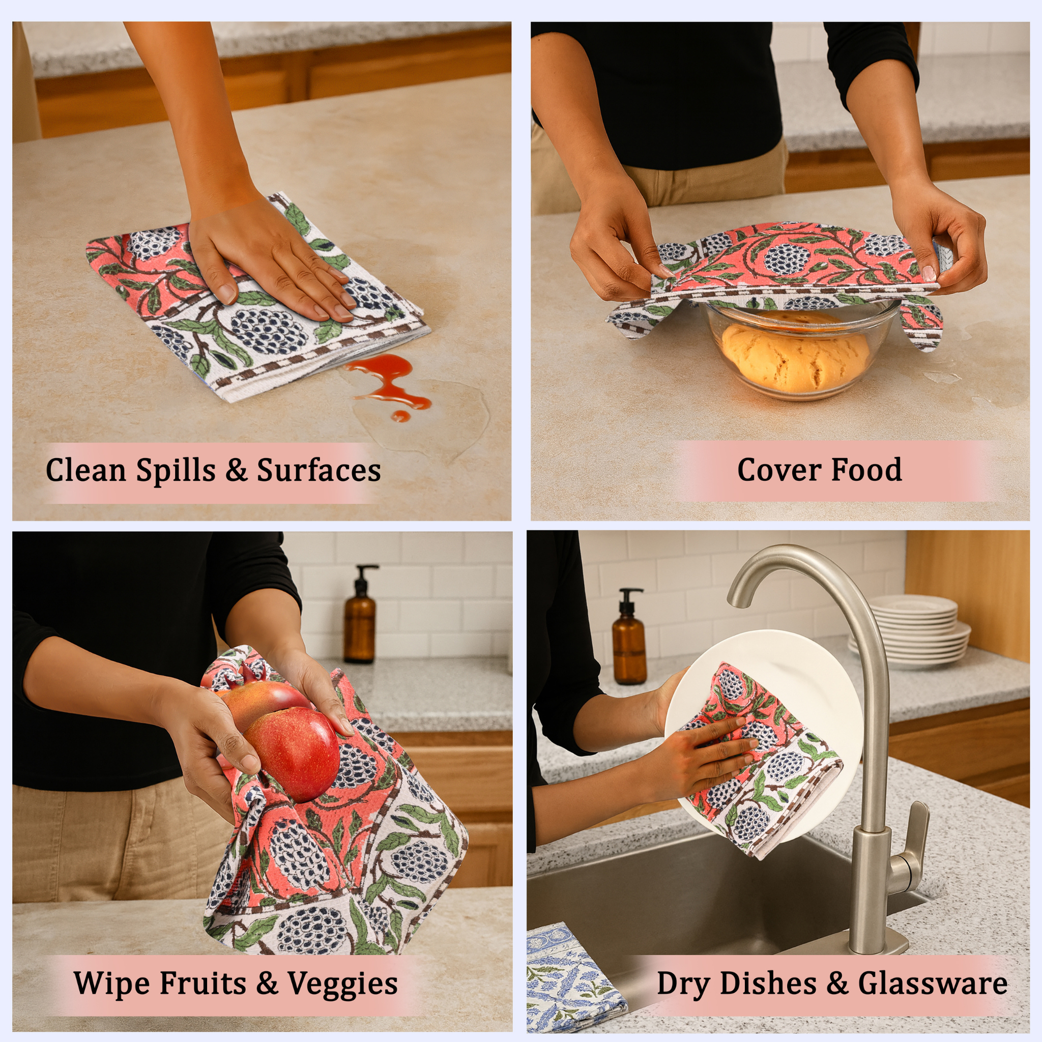 Reusable cloth being used to clean spills, cover food, wipe fruits and vegetables, and dry dishes.
