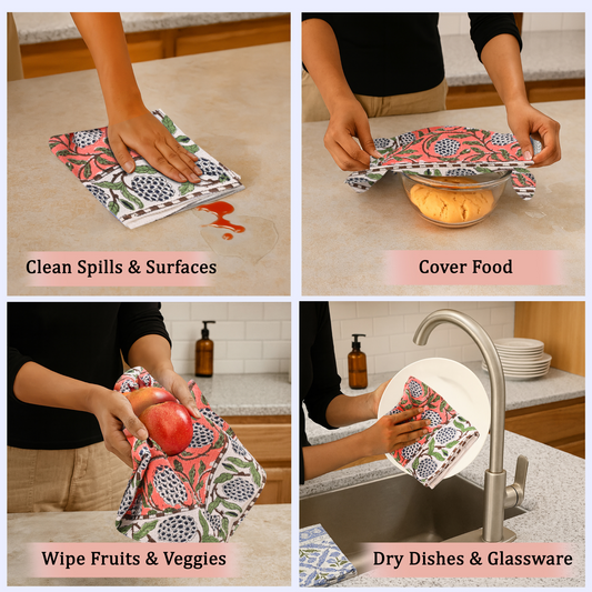 Reusable cloth being used to clean spills, cover food, wipe fruits and vegetables, and dry dishes.