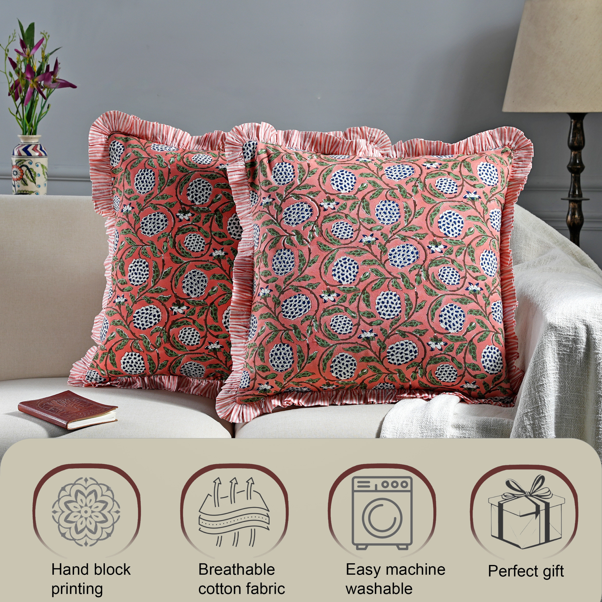 Decorative pillows with floral patterns on a sofa, accompanied by product features.