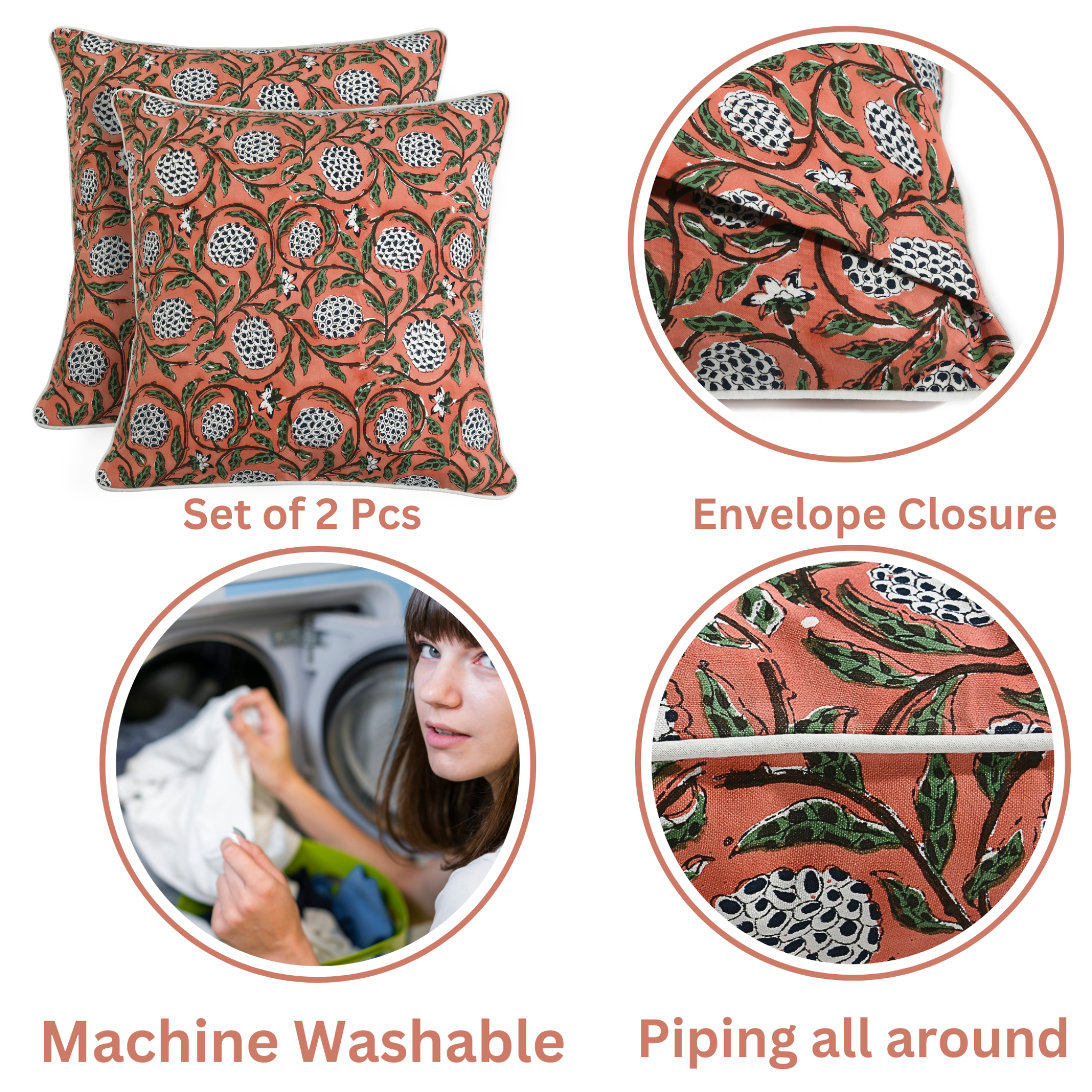 Set of 2 patterned pillows with close-ups on envelope closure, machine washability, and piping details.