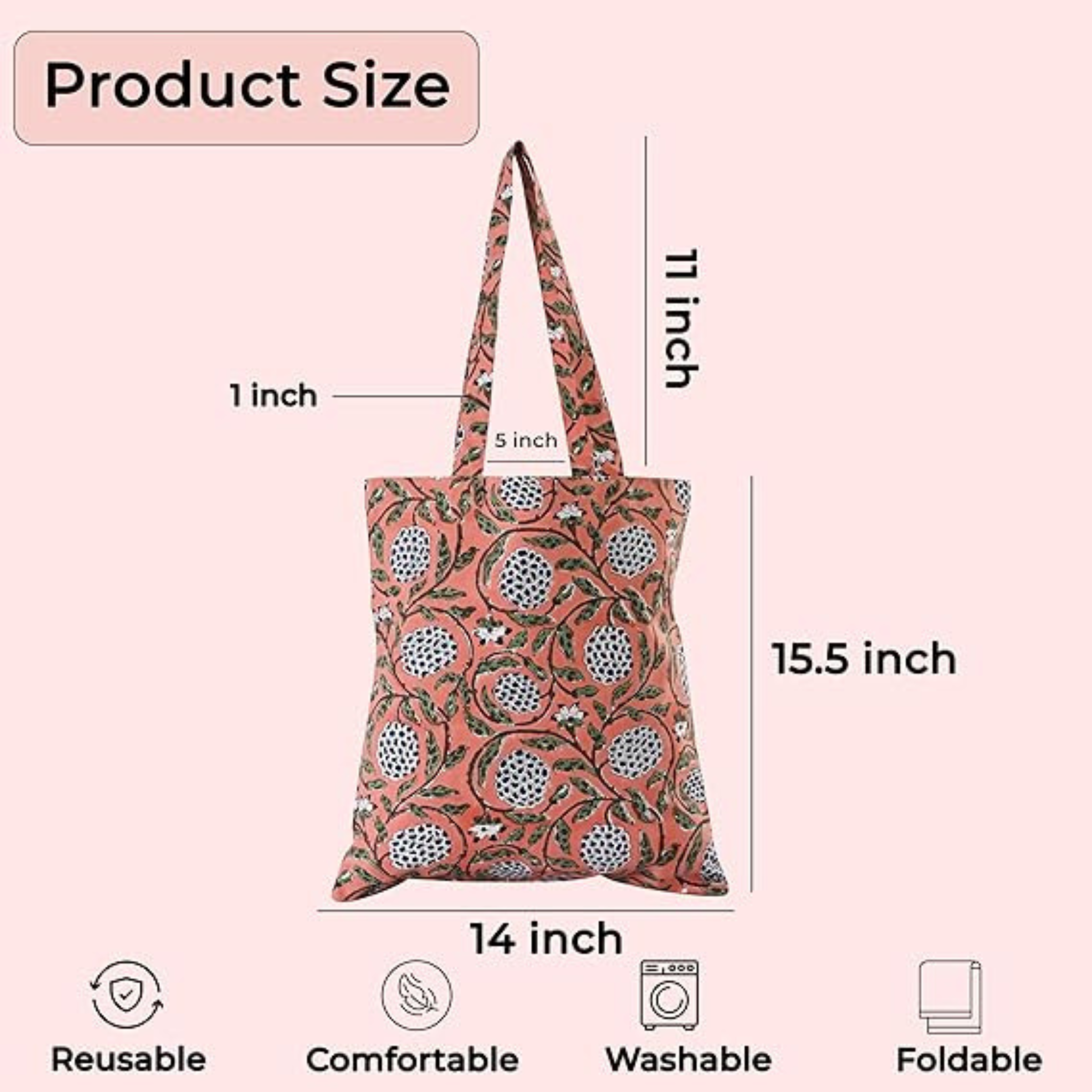 Reusable tote bag with floral pattern and measurements on a pink background
