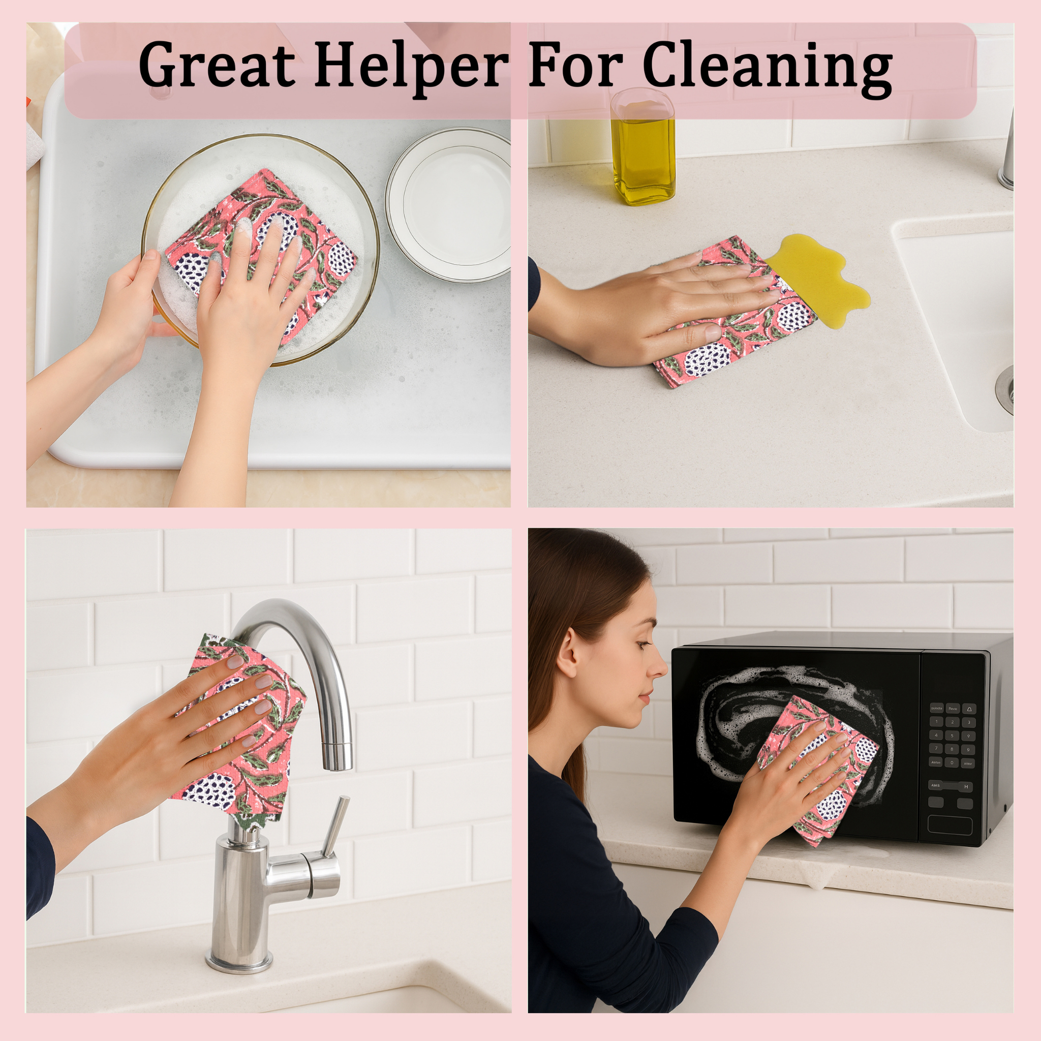 Person using a cleaning cloth in various scenarios like washing dishes, cleaning surfaces, and cleaning a microwave.