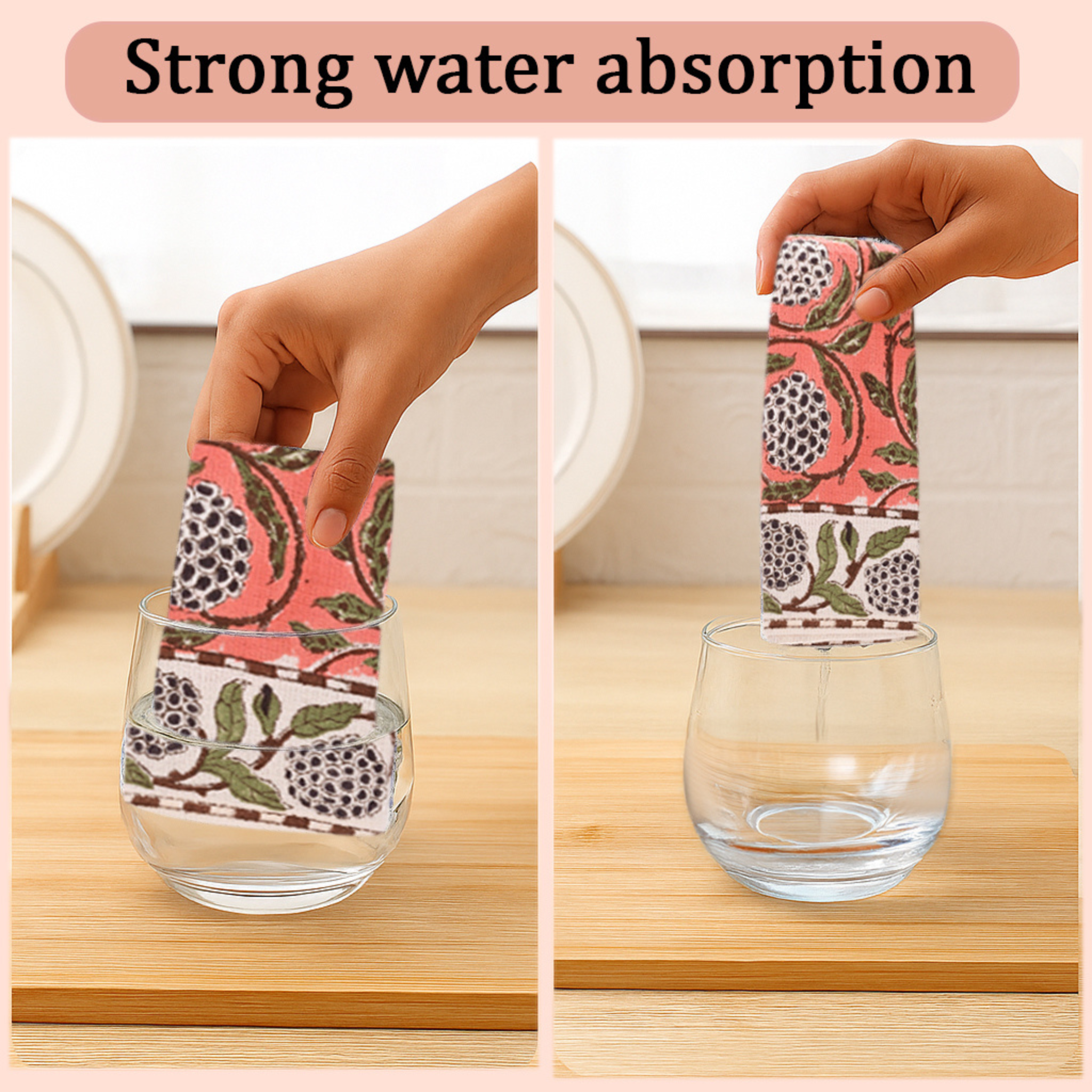 Hand holding a floral-patterned cloth over a glass with water absorption text above.