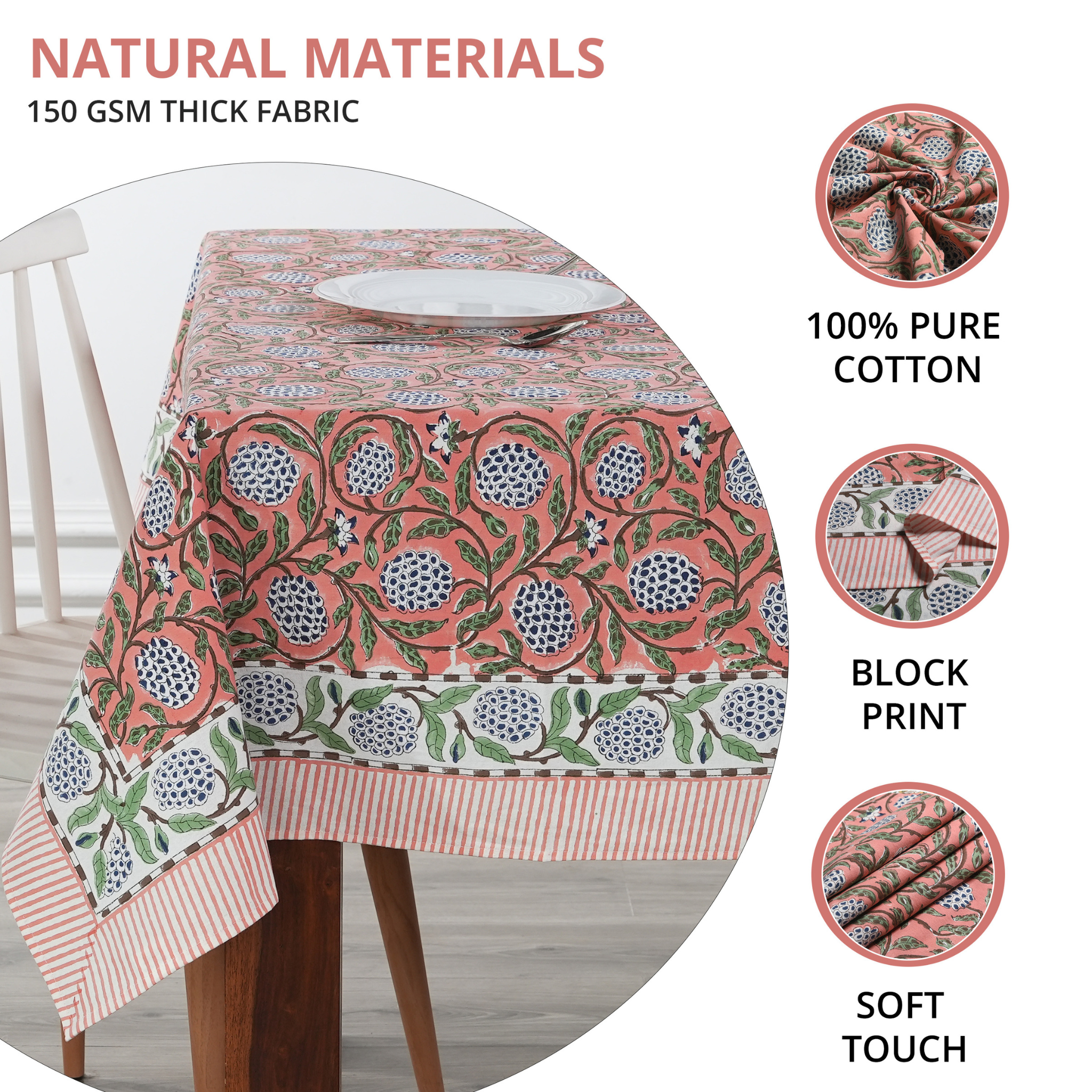 Tablecloth with floral pattern on a table, featuring text about natural materials and fabric properties.