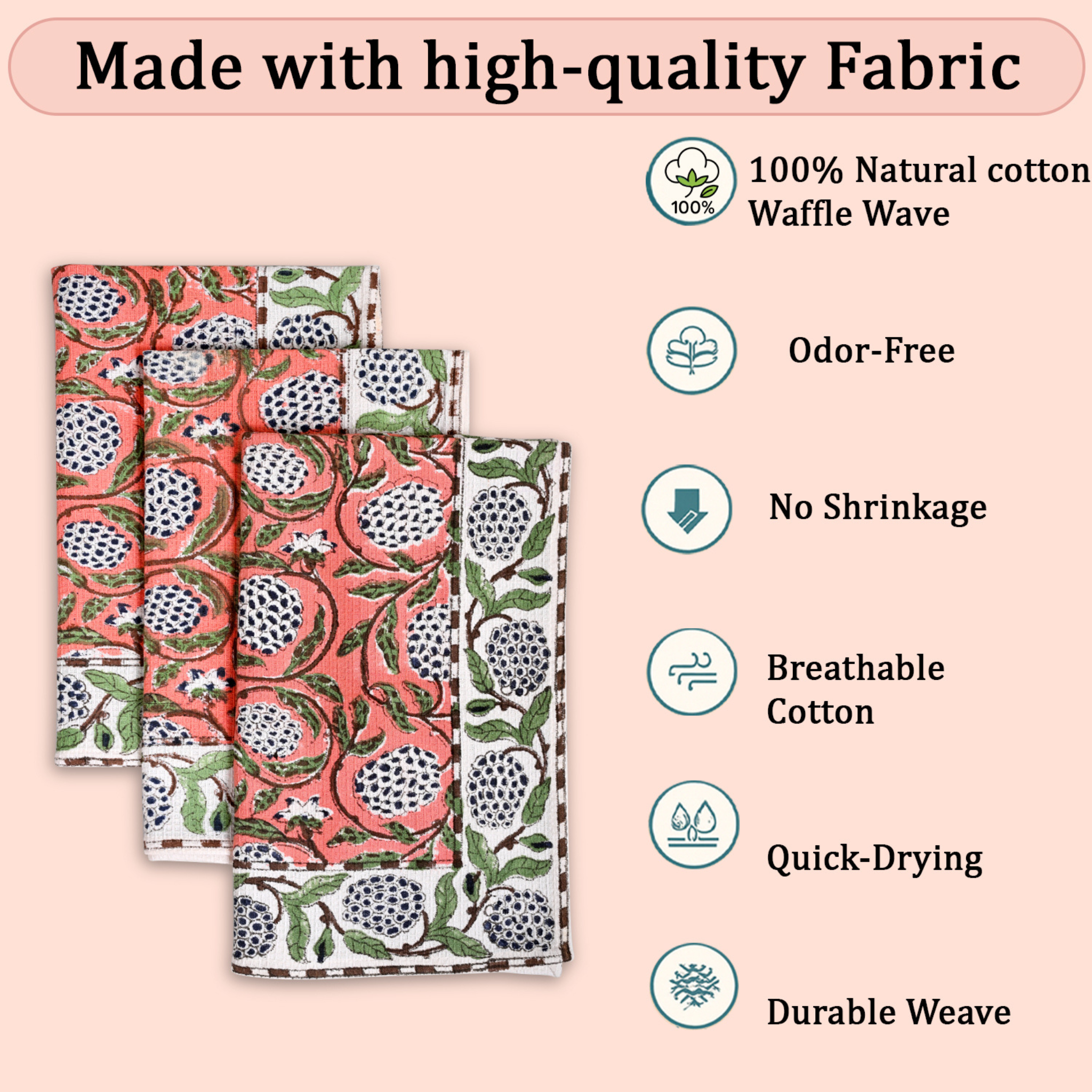 Set of patterned towels with high-quality fabric features on a pink background