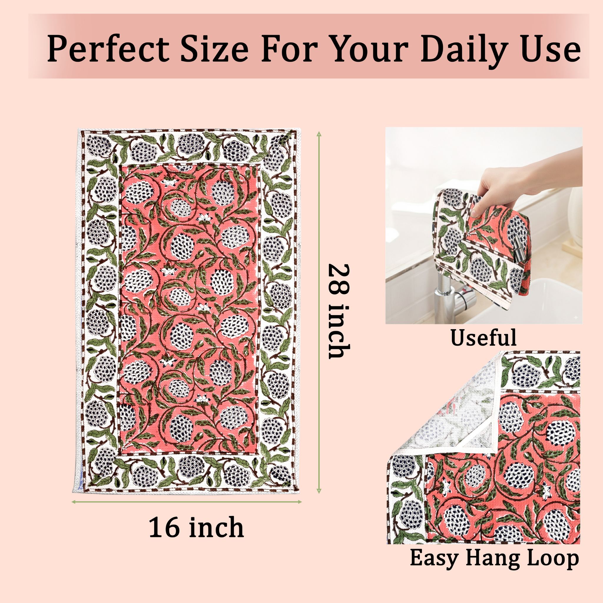 Product with floral design, dimensions labeled, and a hand holding it.