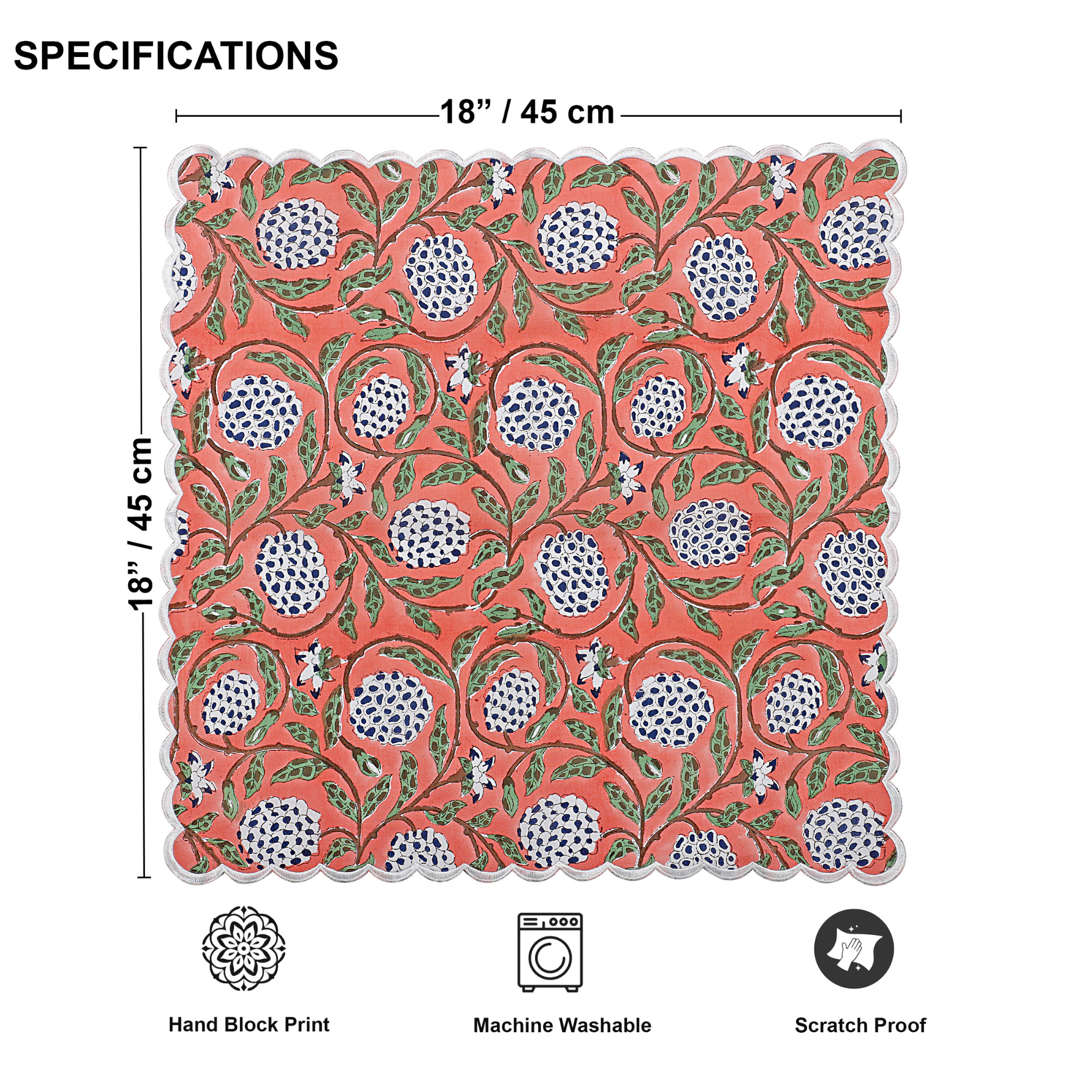 Patterned mat with dimensions and features on a white background