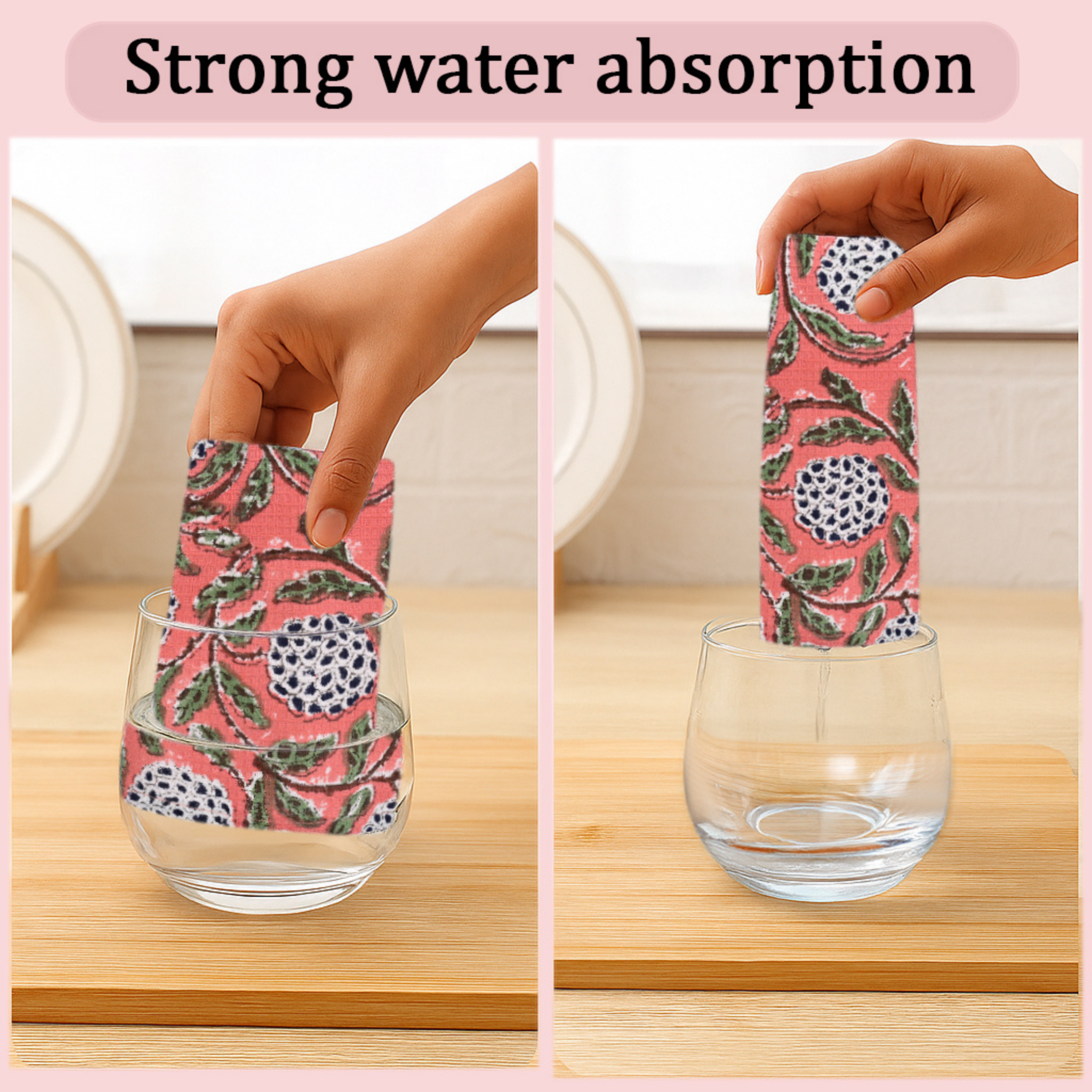 Product demonstrating strong water absorption with a pink and green patterned material.
