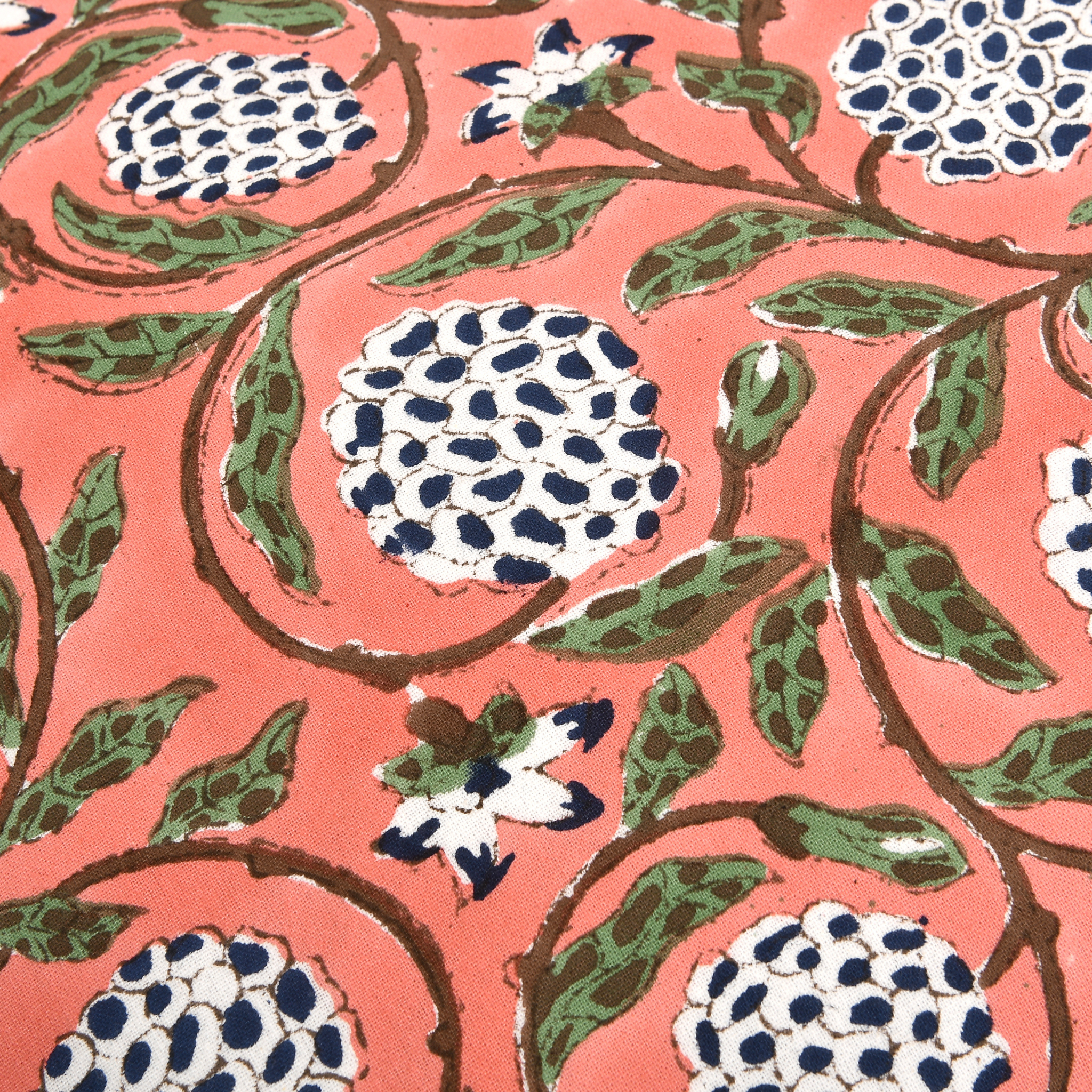 pink floral Indian hand block print cotton fabric pattern close-up.