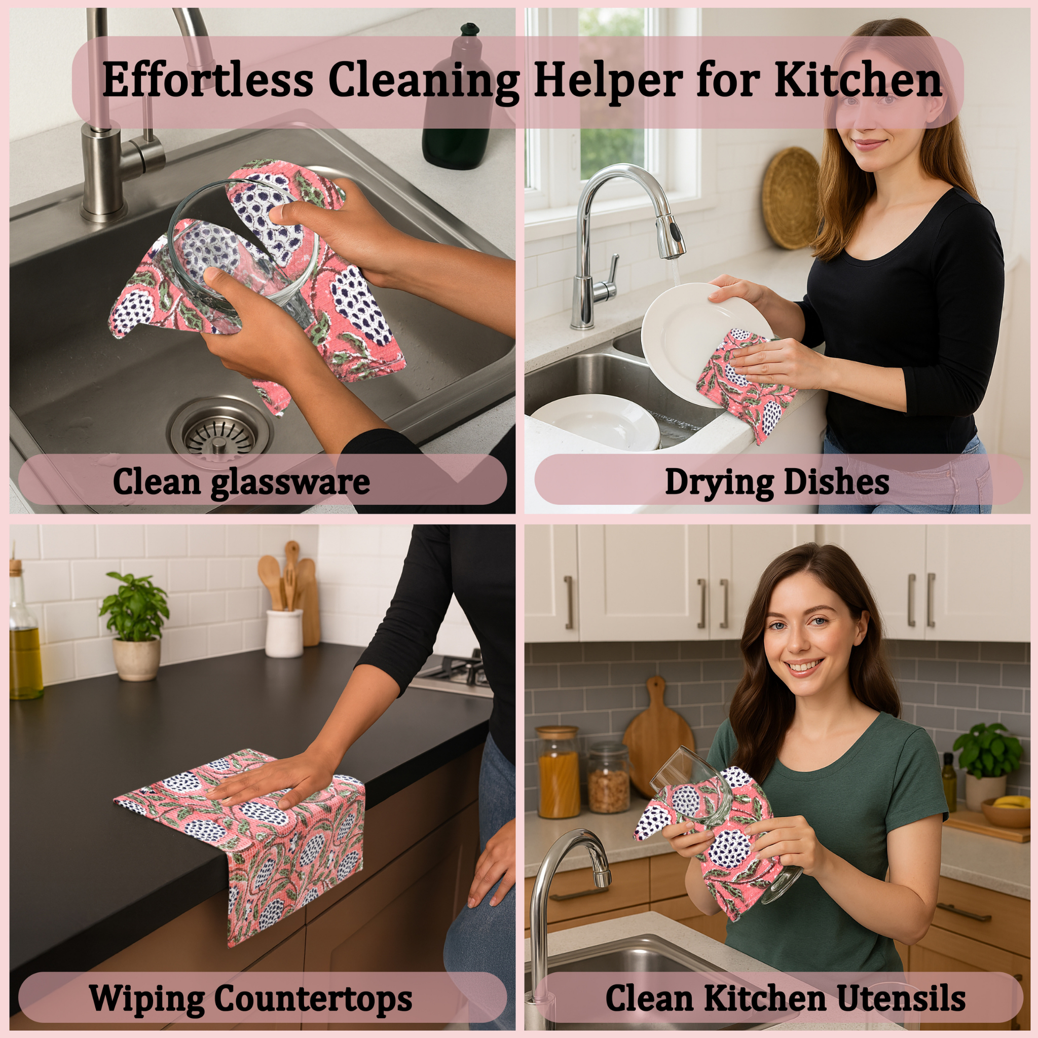 Collage of a woman using a cleaning cloth in various kitchen scenarios with text indicating its use.