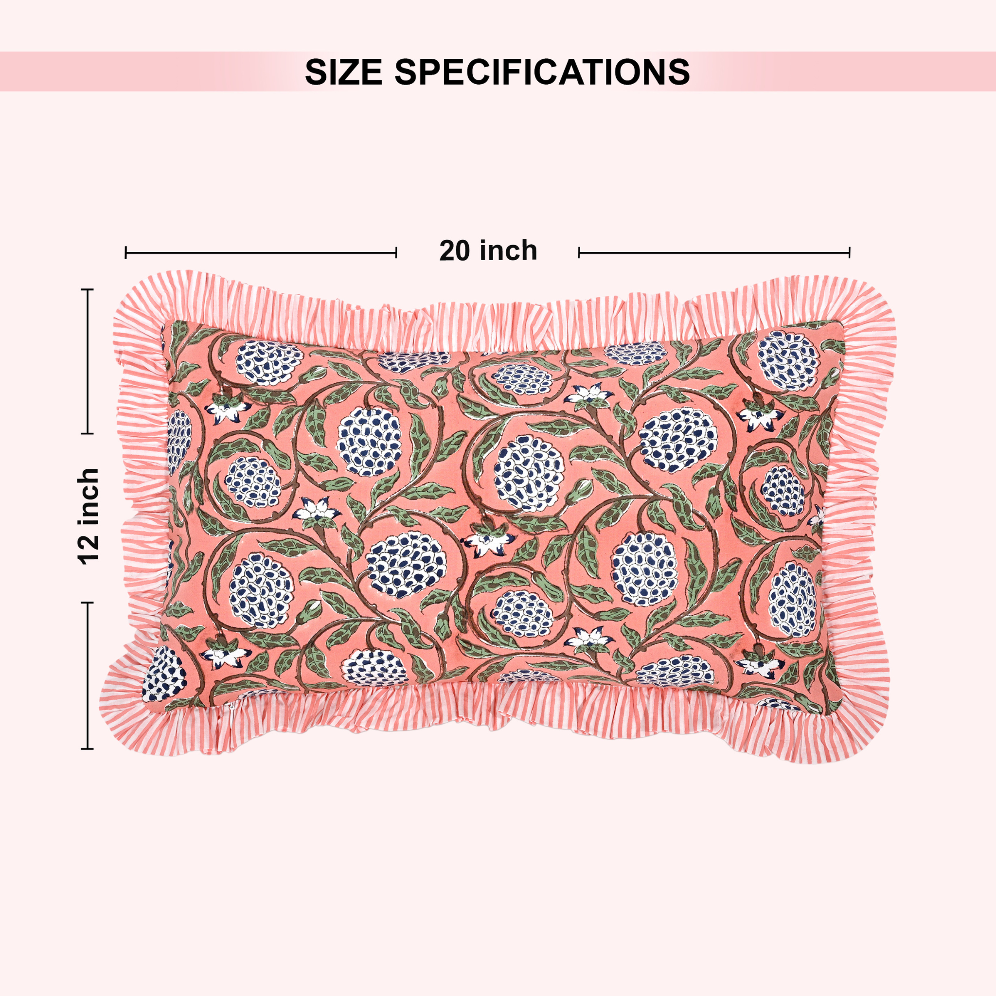 Decorative pillow with floral pattern and size specifications on a white background
