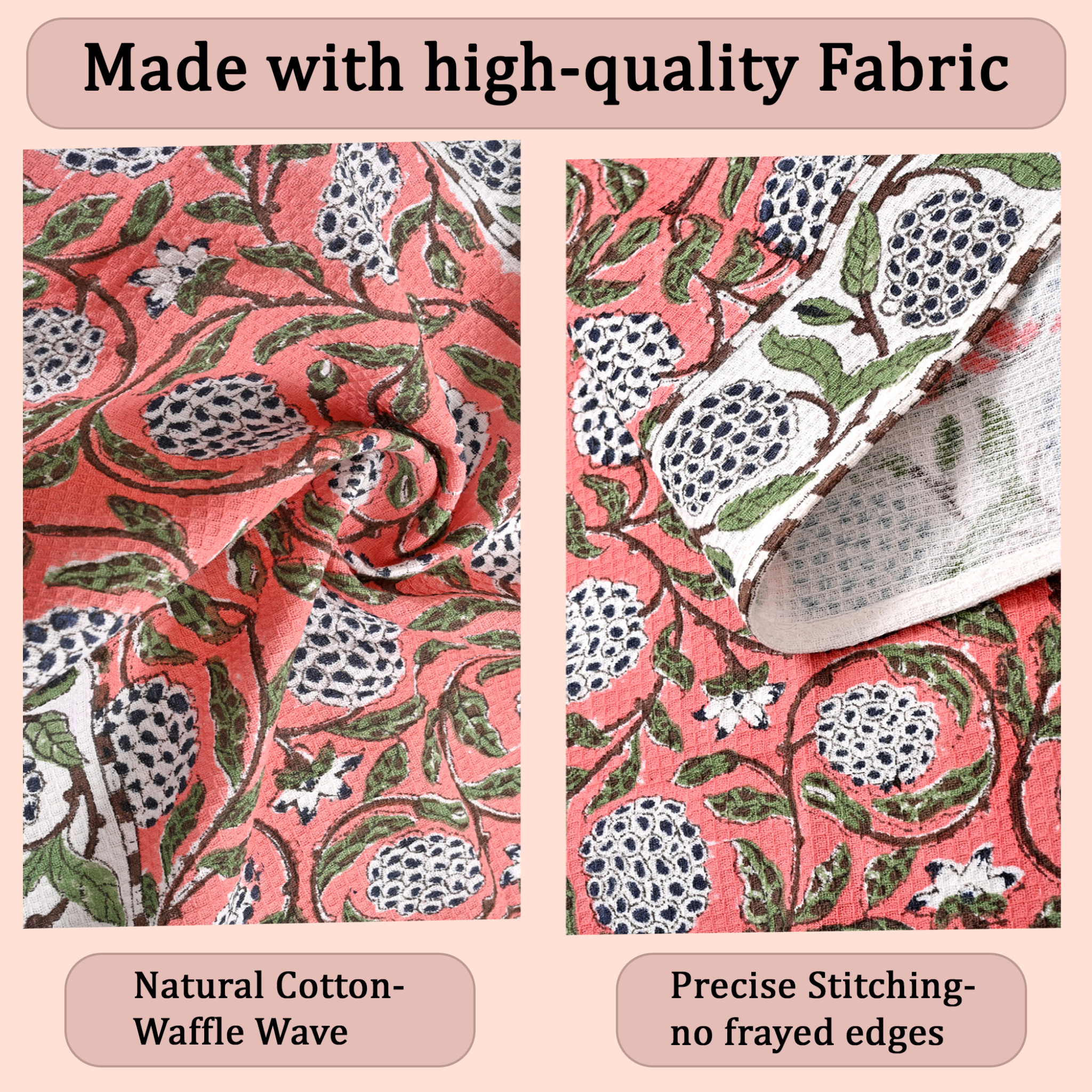 High-quality fabric with floral pattern and text highlighting features