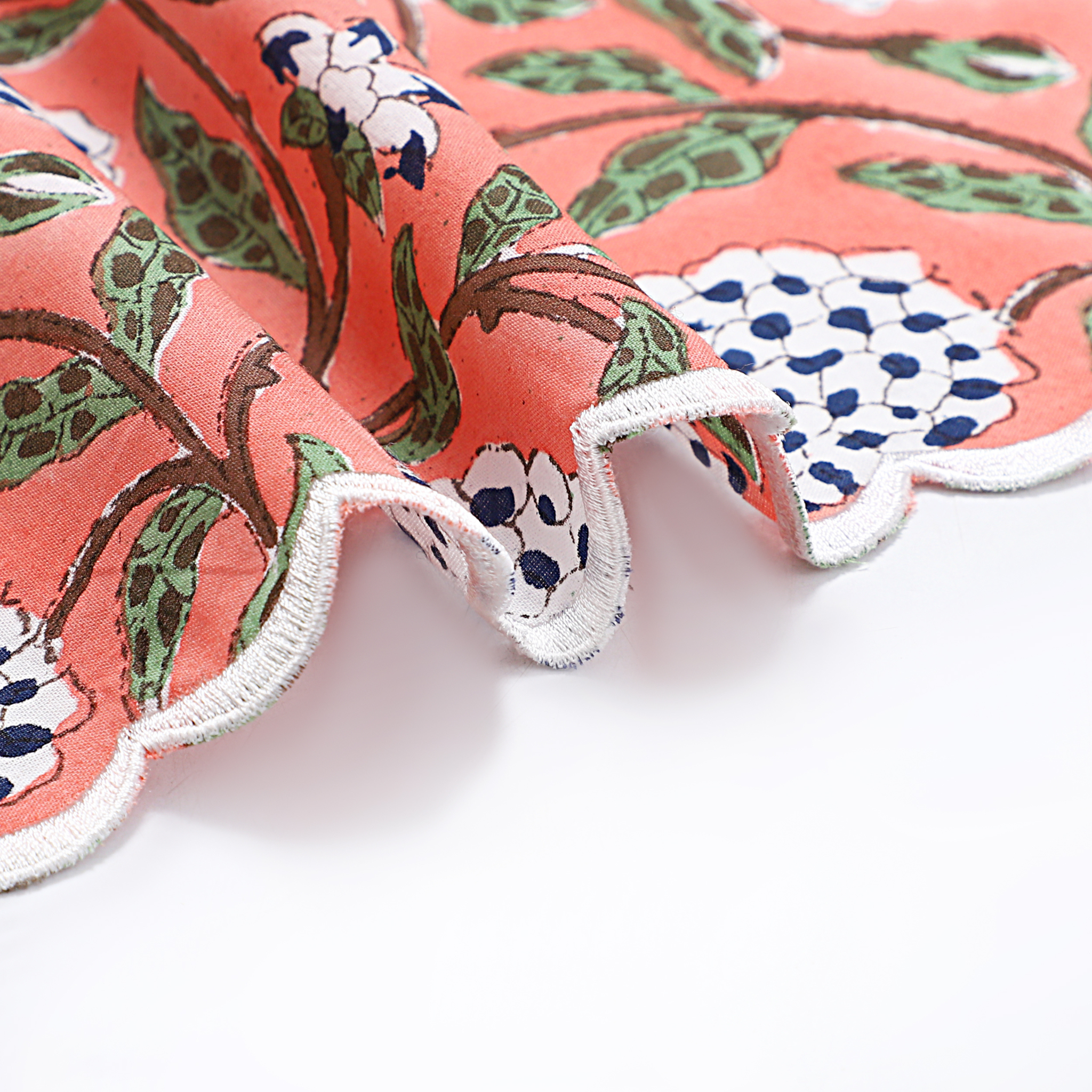 Close-up of a fabric with floral and leaf patterns on a white background