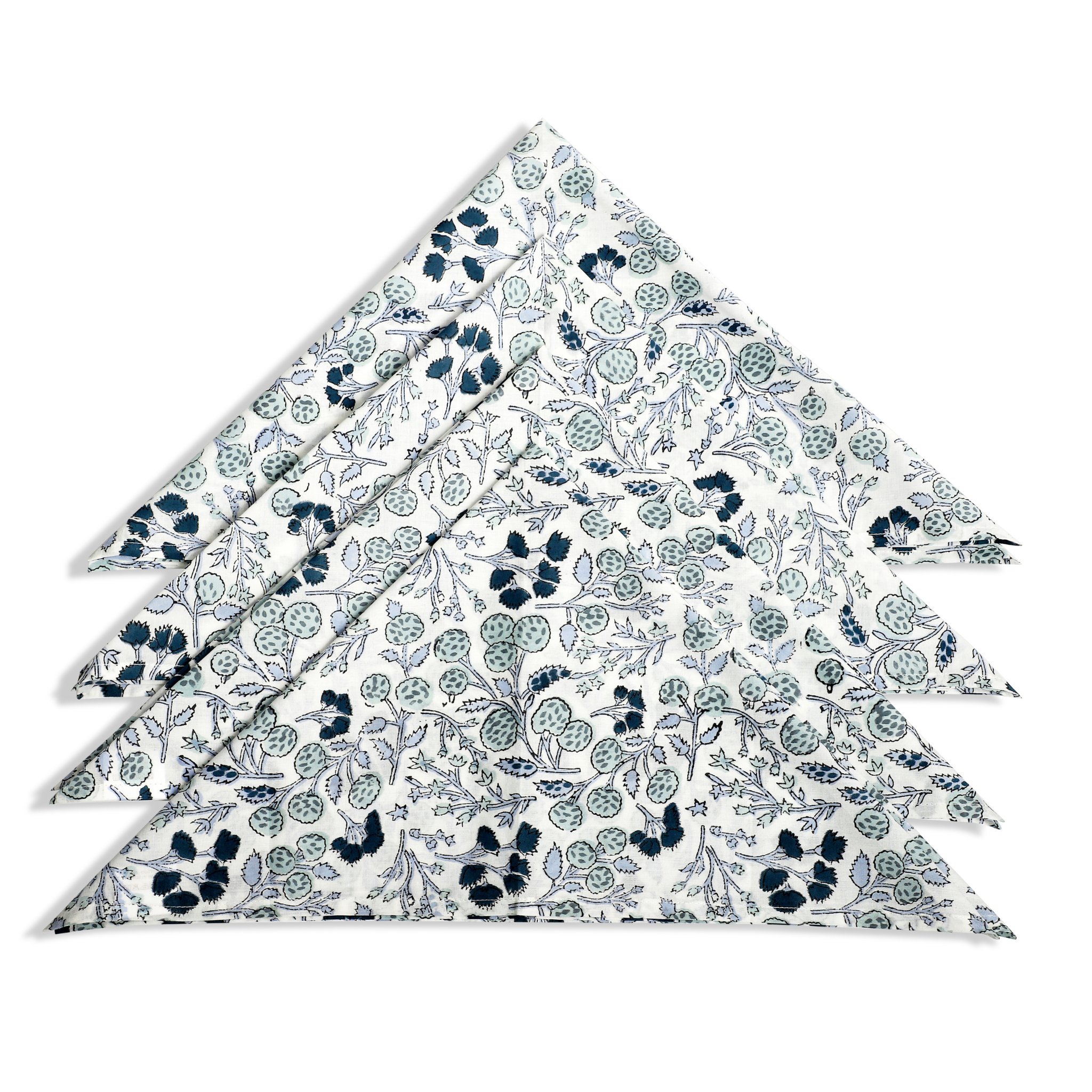 Set of three floral-patterned napkins on a white background