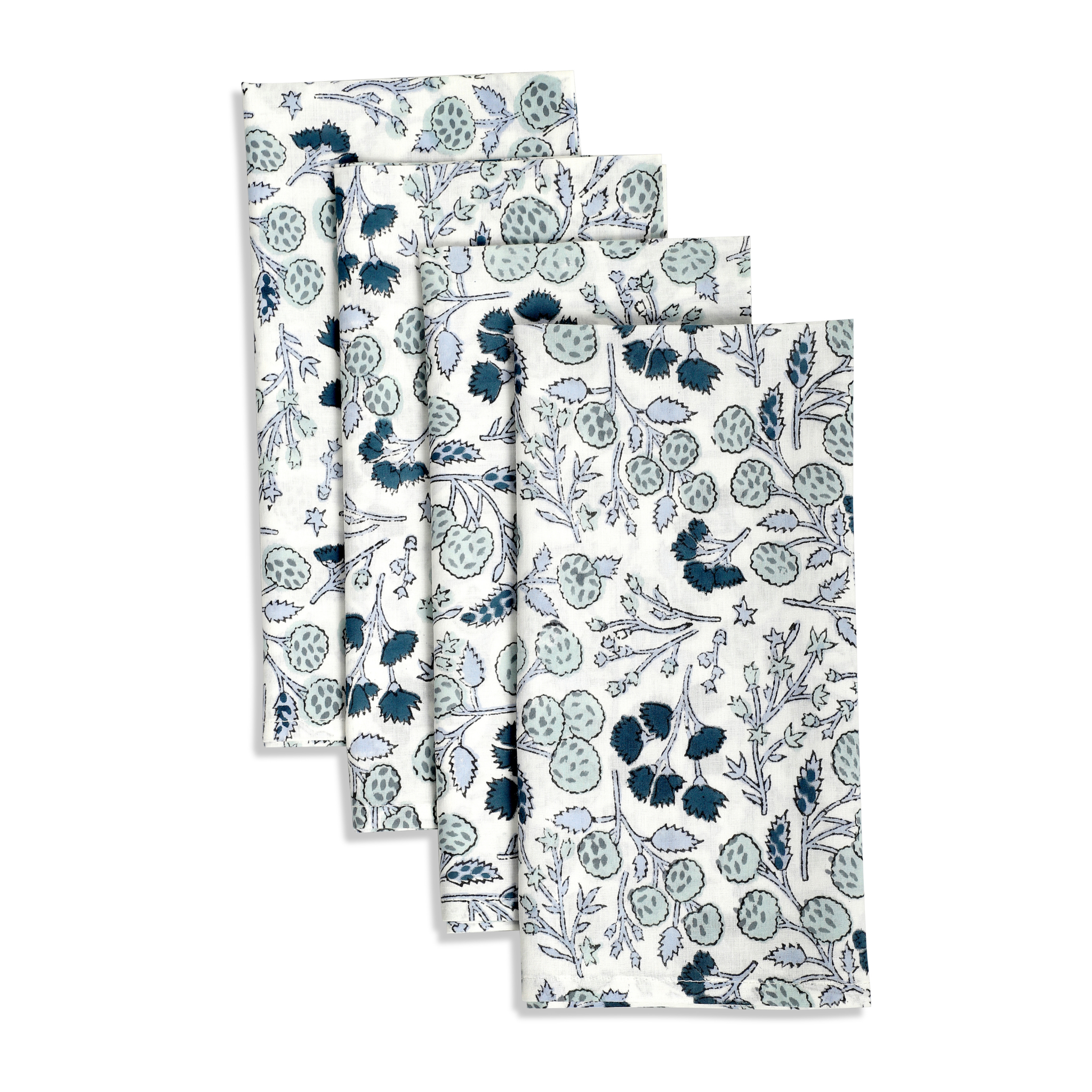 Set of four floral-patterned towels on a white background
