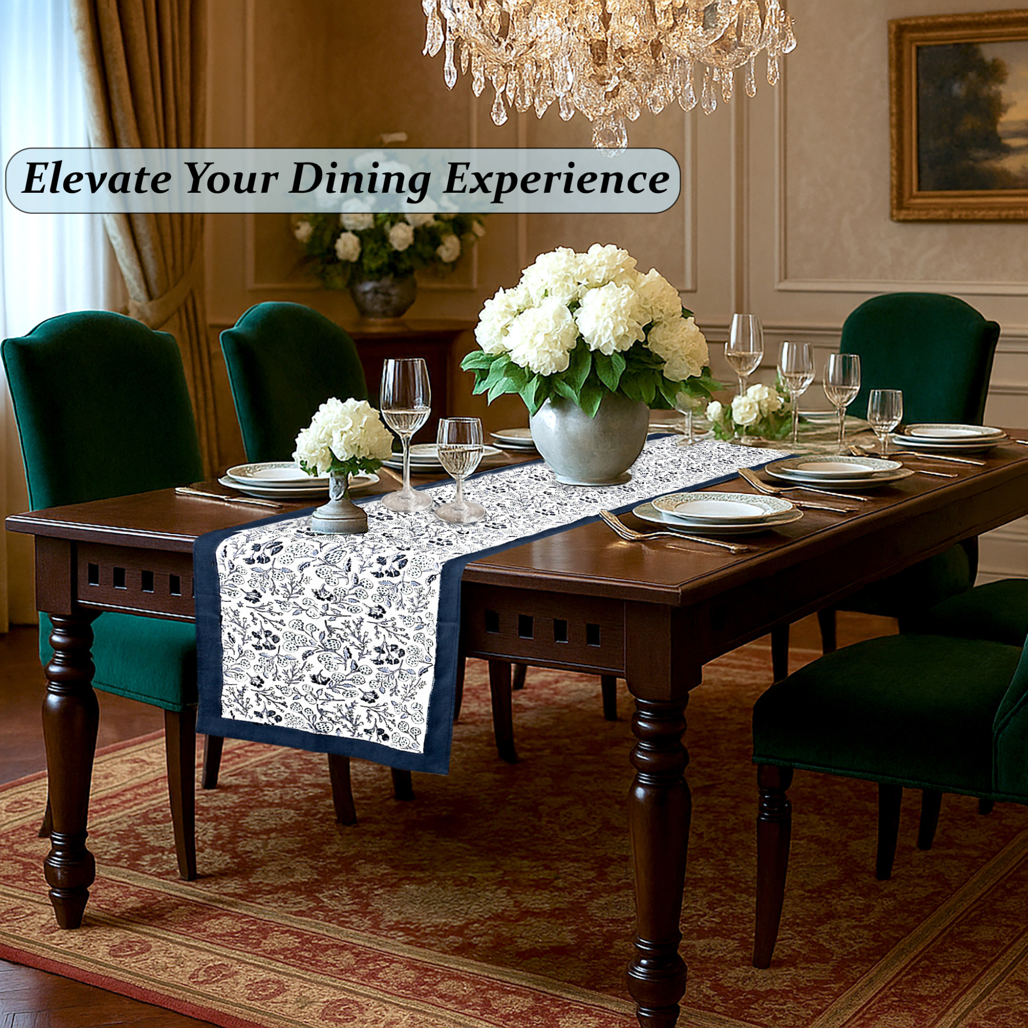 Dining room with a table set for dinner, flowers, and elegant decor.