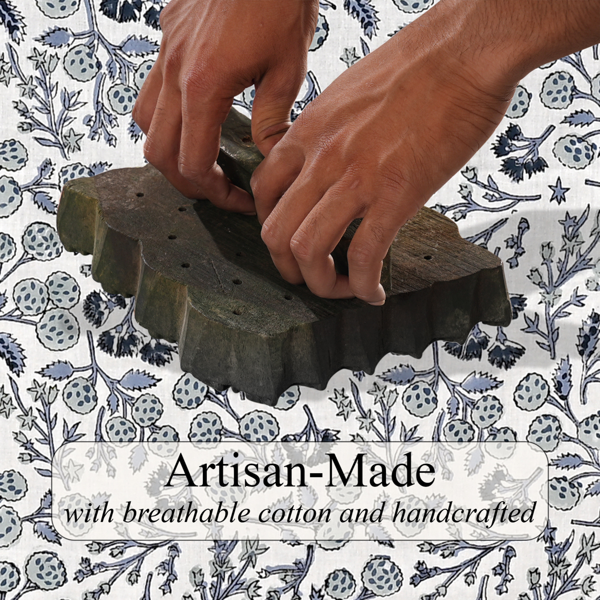 Hands using a wooden tool on fabric with 'Artisan-Made' text overlay