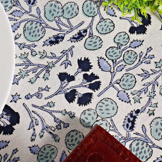 Close-up of a floral-patterned rug with blue and green colors.