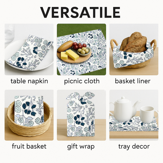 Versatile table accessories including table napkin, picnic cloth, basket liner, fruit basket, gift wrap, and tray decor with floral patterns.