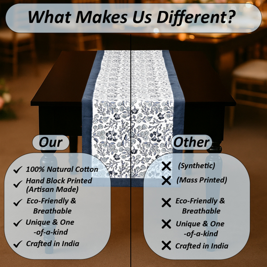 Table runner with text comparing natural cotton and synthetic materials