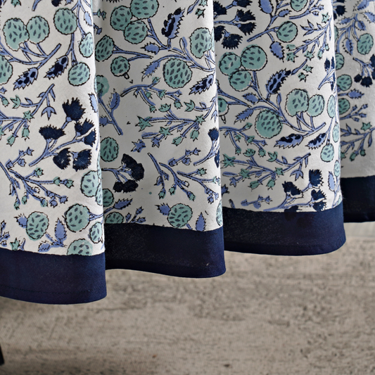 Close-up of a fabric with blue and green floral pattern on a white background